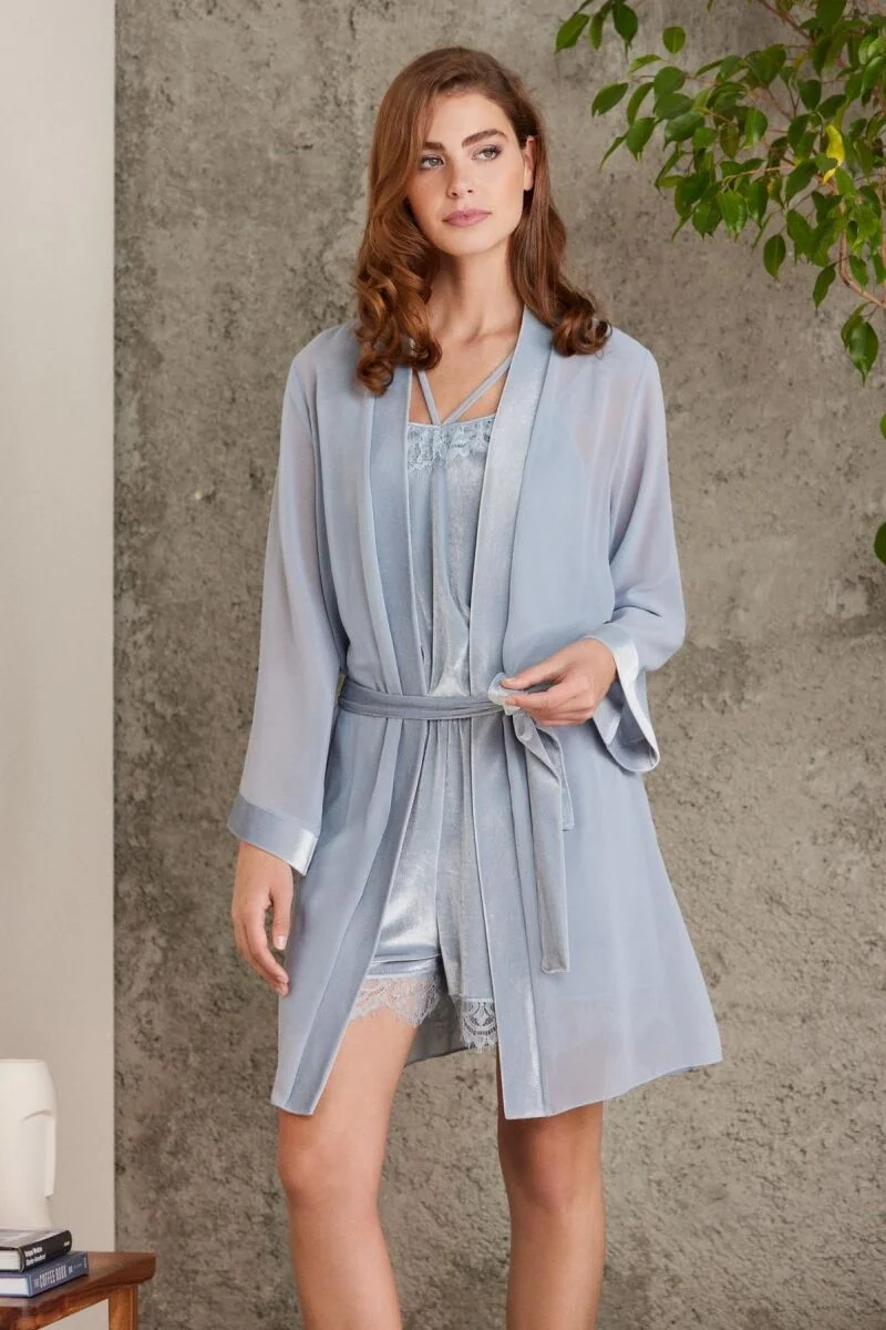 Pierre Cardin Dantelli Kadife Kadın Sabahlık Tulum Takım - 4800 Mist Pijama Takımları Toptan