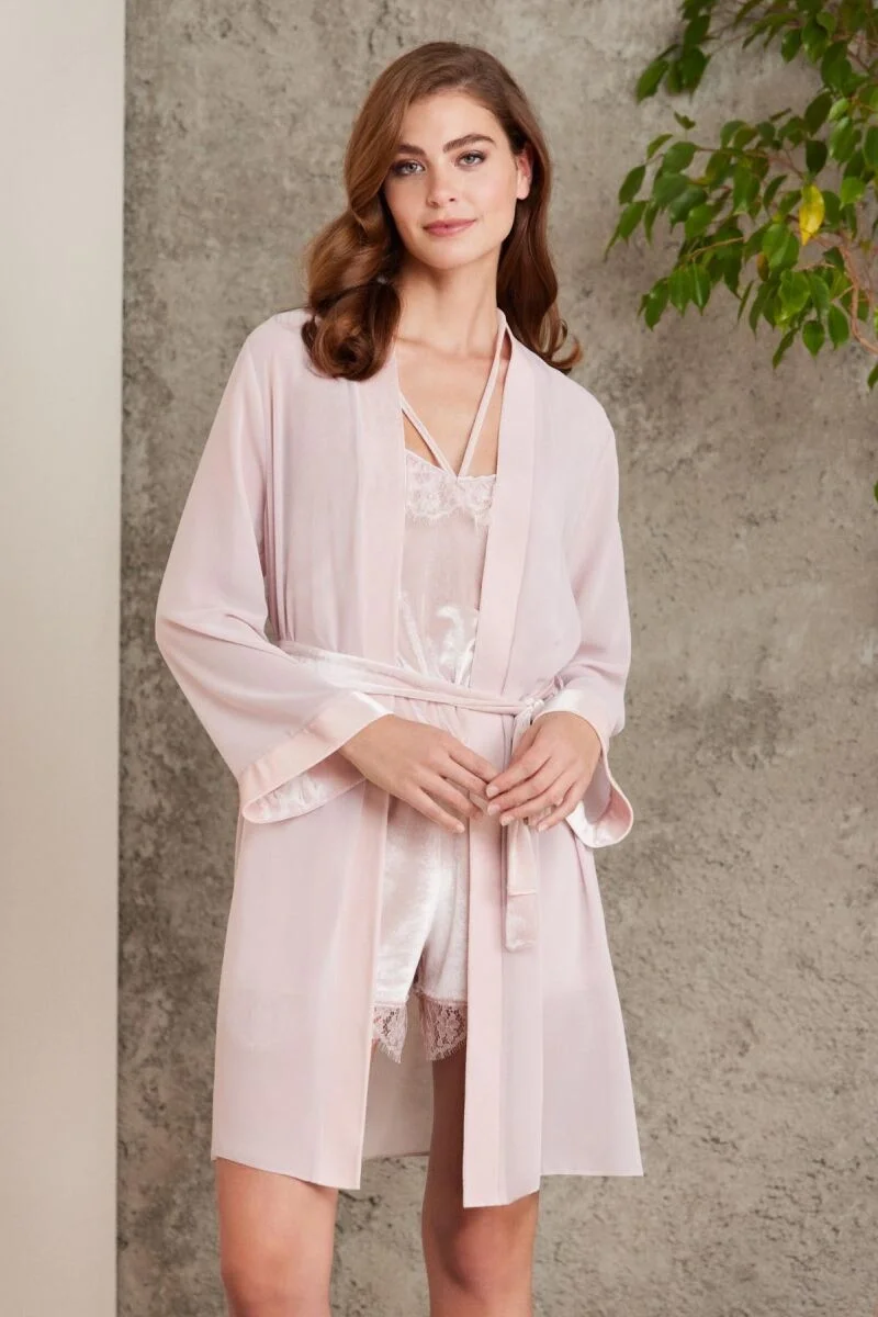Pierre Cardin Dantelli Kadife Kadın Sabahlık Tulum Takım - 4800 Pudra Pijama Takımları Toptan