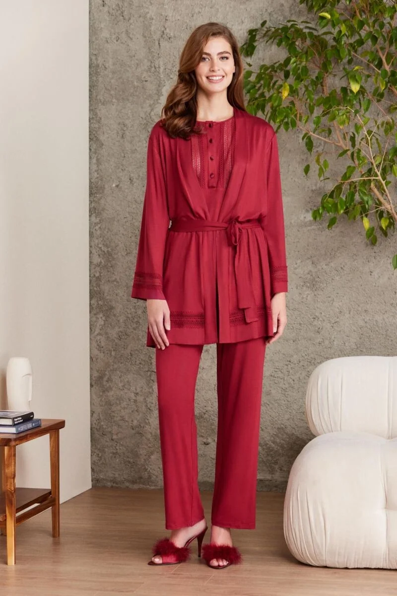 Dantelli Penye 3'lü Lohusa Pijama Takımı  - 2800 Bordo