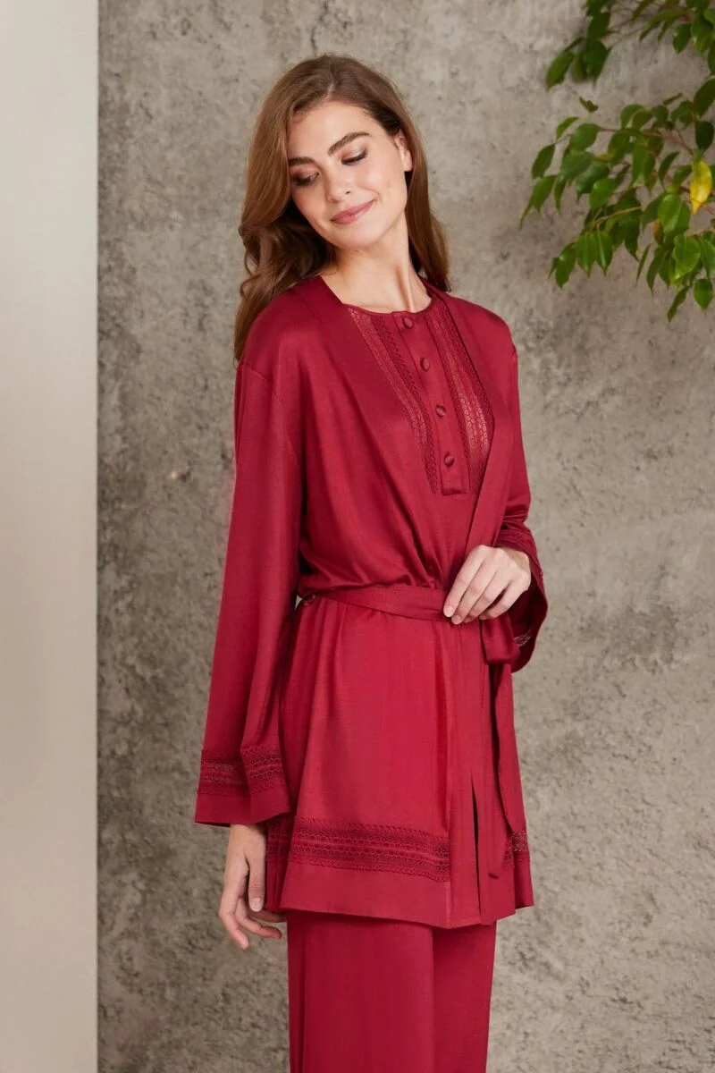 Pierre Cardin Dantelli Penye 3'lü Lohusa Pijama Takımı - 2800 Bordo Pijama Takımları Toptan