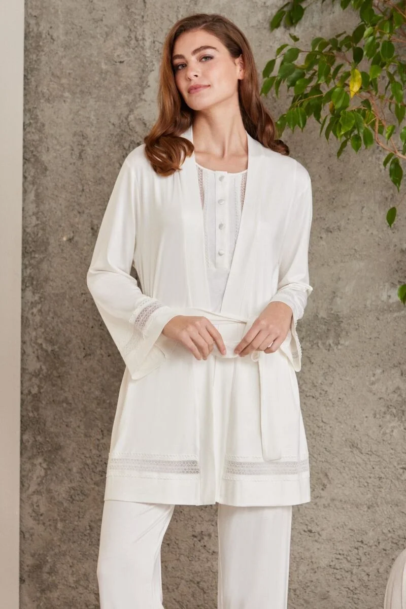 Pierre Cardin Dantelli Penye 3'lü Lohusa Pijama Takımı - 2800 Ekru Pijama Takımları Toptan