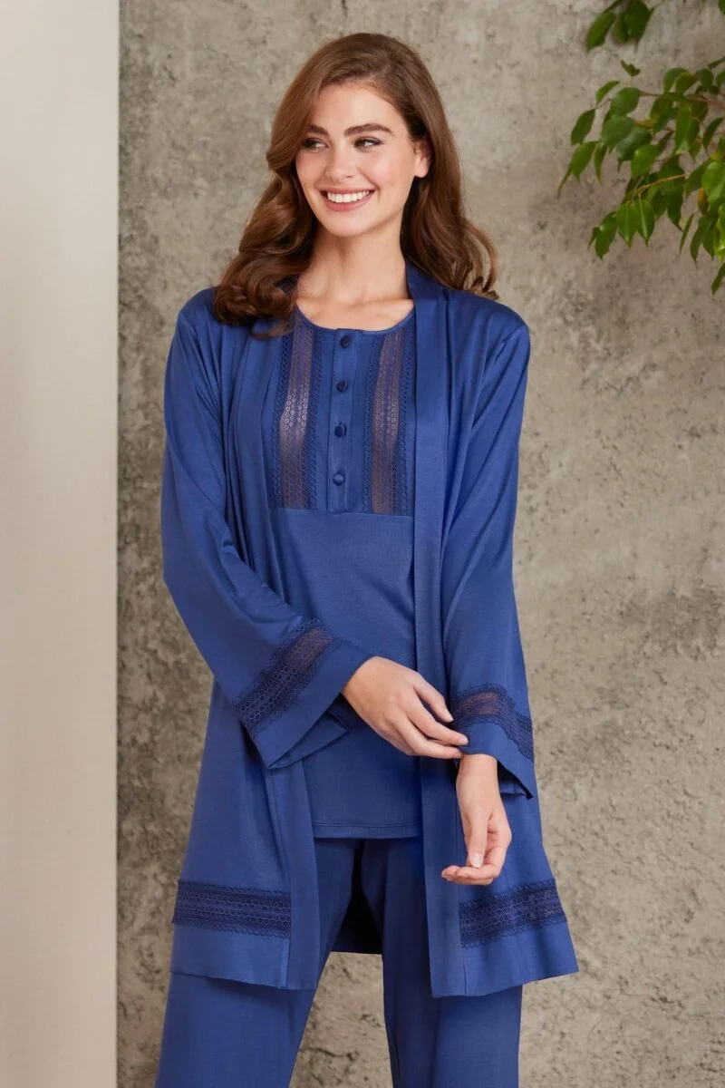Pierre Cardin Dantelli Penye 3'lü Lohusa Pijama Takımı - 2800 Lacivert Pijama Takımları Toptan