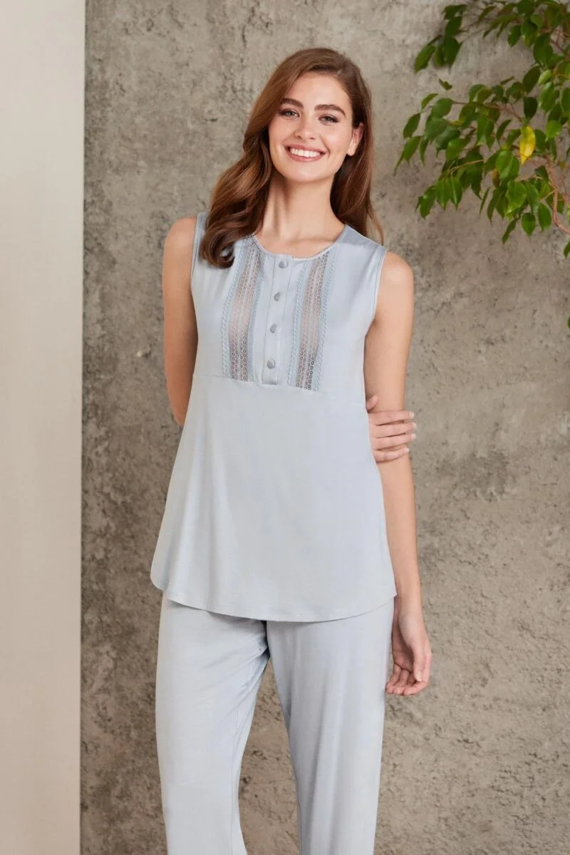 Pierre Cardin Dantelli Penye 3'lü Lohusa Pijama Takımı 2800 Mist, açık mavi, dantelli detaylı, bel düğmesi, rahat günlük giyim