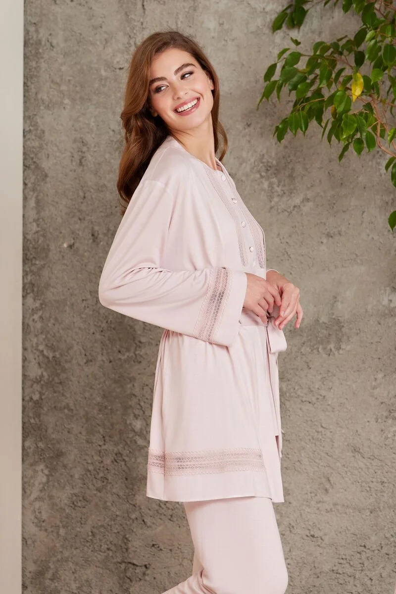Pierre Cardin Dantelli Penye 3'lü Lohusa Pijama Takımı, 2800 Pudra, kadın pijama seti, dantelli detaylı, rahat günlük giyim, pastel pembe renk
