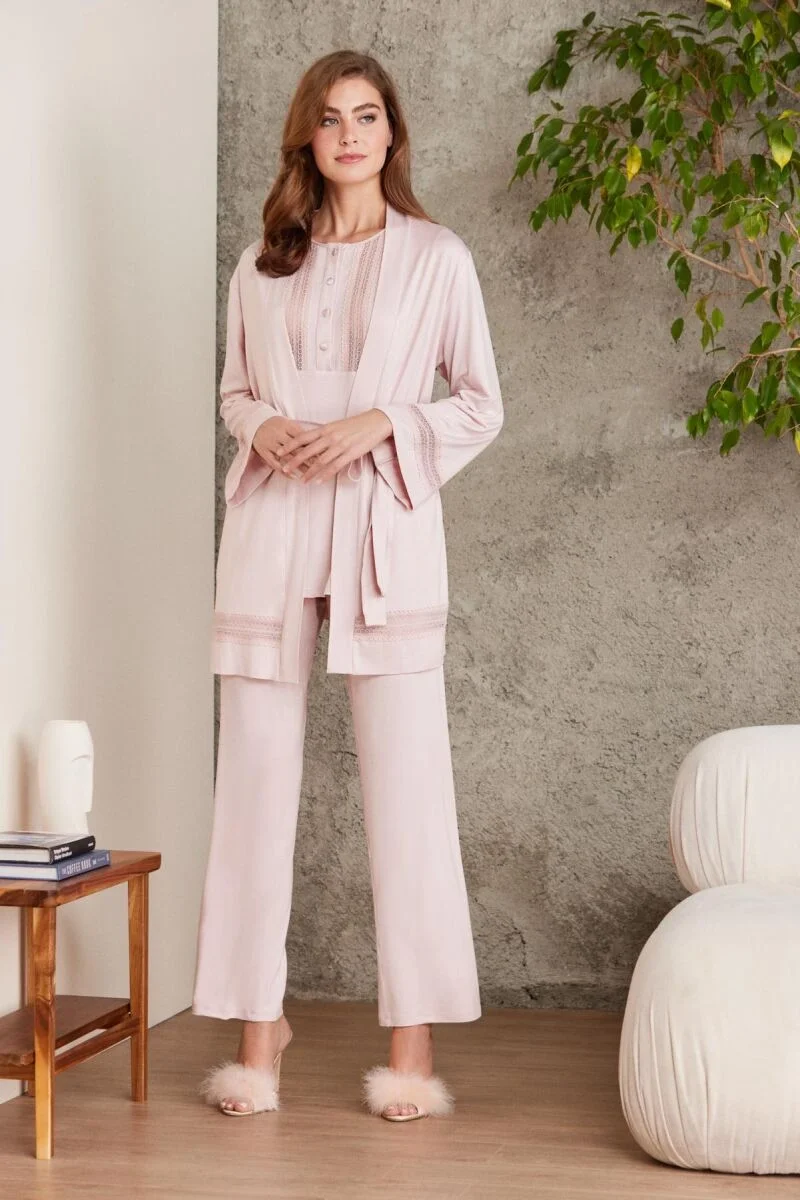 Pierre Cardin Dantelli Penye 3'lü Lohusa Pijama Takımı - 2800 Pudra Pijama Takımları Toptan
