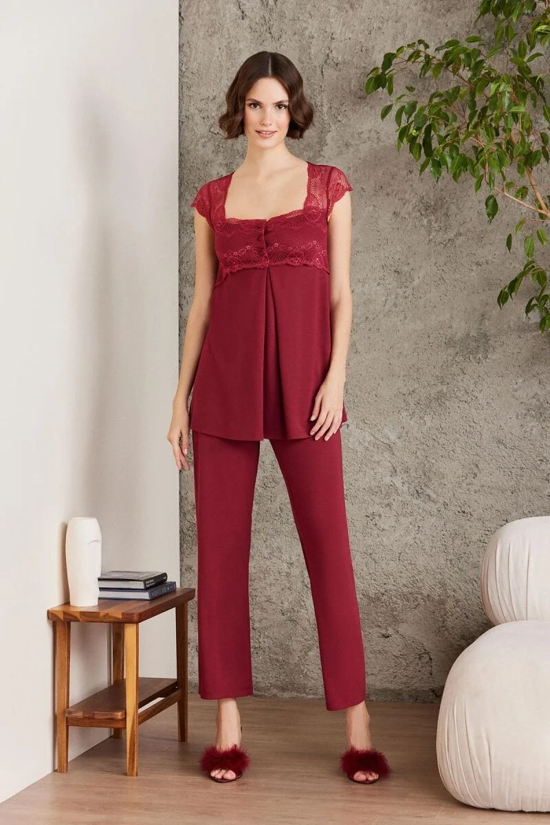 Dantelli Penye 3'lü Lohusa Pijama Takımı 2805 Bordo, Pierre Cardin marka kadın pijama, dantelli detaylı, klasik bordo renk, uzun kollu ceketli takımlı