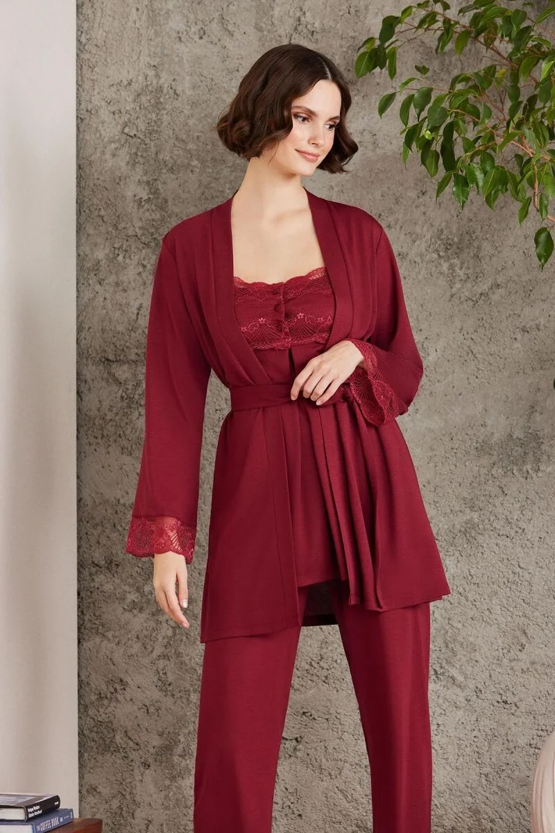 Pierre Cardin Dantelli Penye 3'lü Lohusa Pijama Takımı - 2805 Bordo Pijama Takımları Toptan