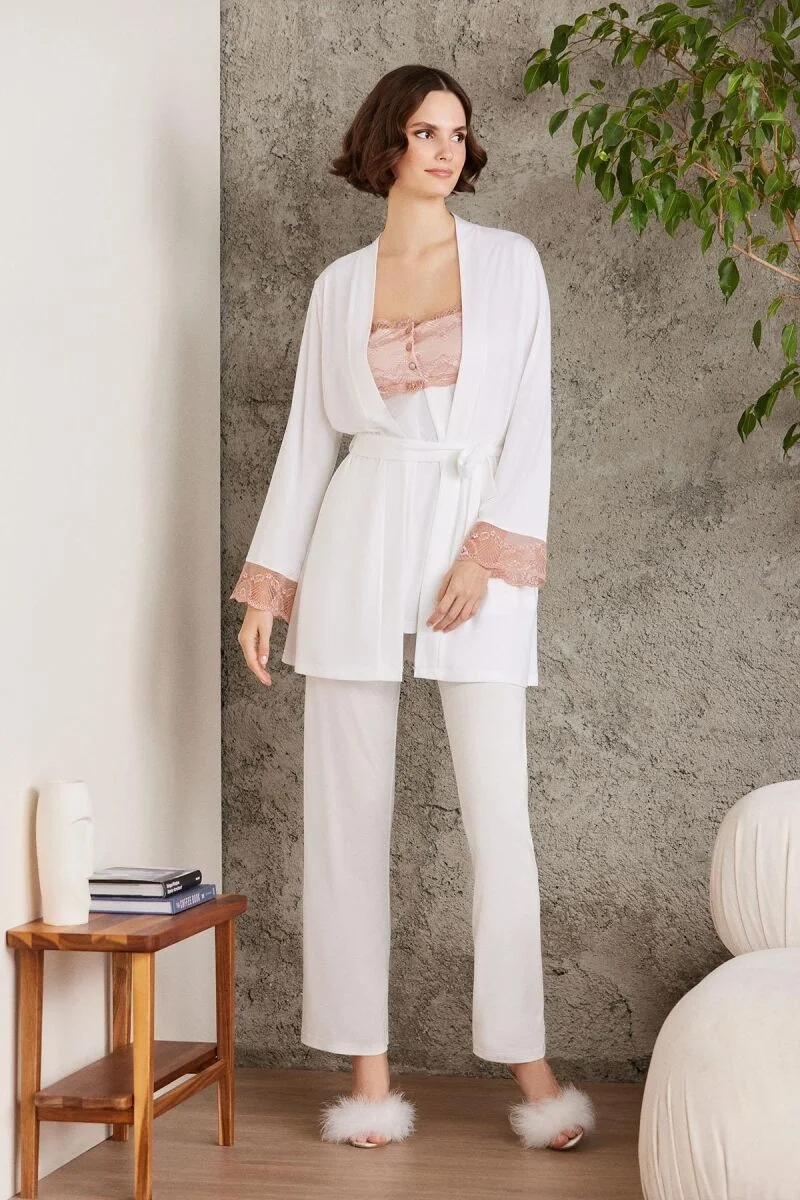 Pierre Cardin Dantelli Penye 3'lü Lohusa Pijama Takımı - 2805 Brandy Pijama Takımları Toptan