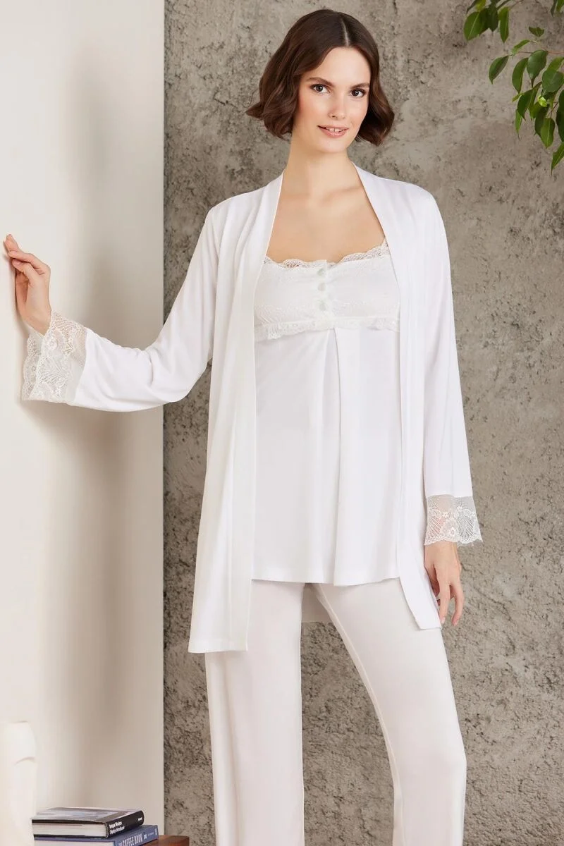 Pierre Cardin Dantelli Penye 3'lü Lohusa Pijama Takımı, beyaz dantelli ceket ve pantolon, kadın pijama seti, rahat ev içi giyim