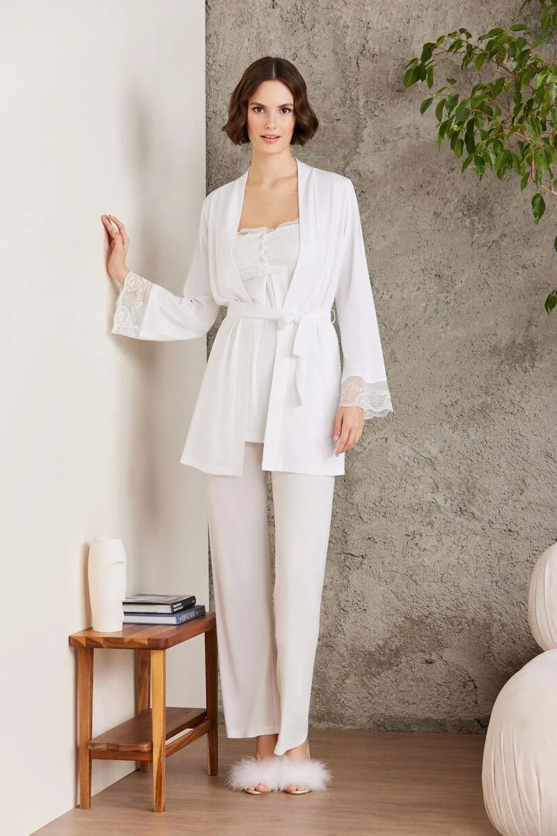 Pierre Cardin Dantelli Penye 3'lü Lohusa Pijama Takımı - 2805 Ekru Pijama Takımları Toptan