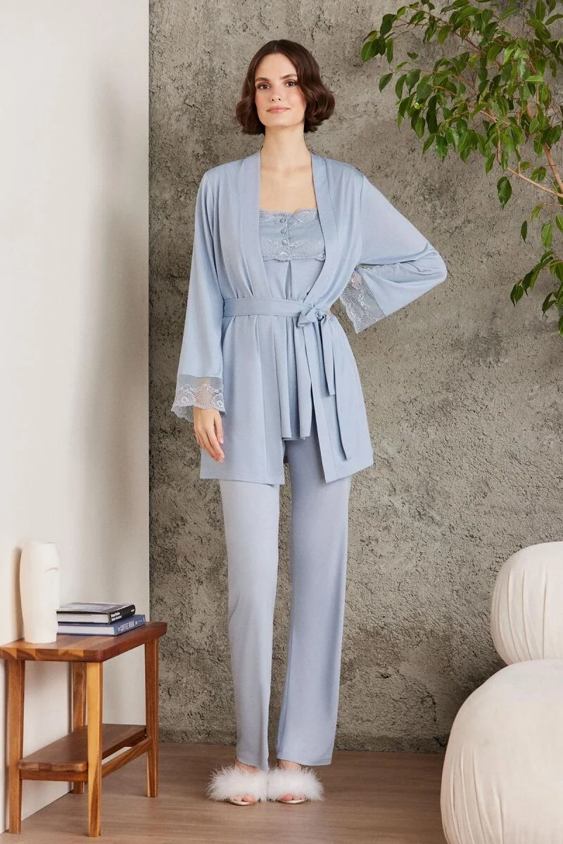 Pierre Cardin Dantelli Penye 3'lü Lohusa Pijama Takımı - 2805 Mist Pijama Takımları Toptan