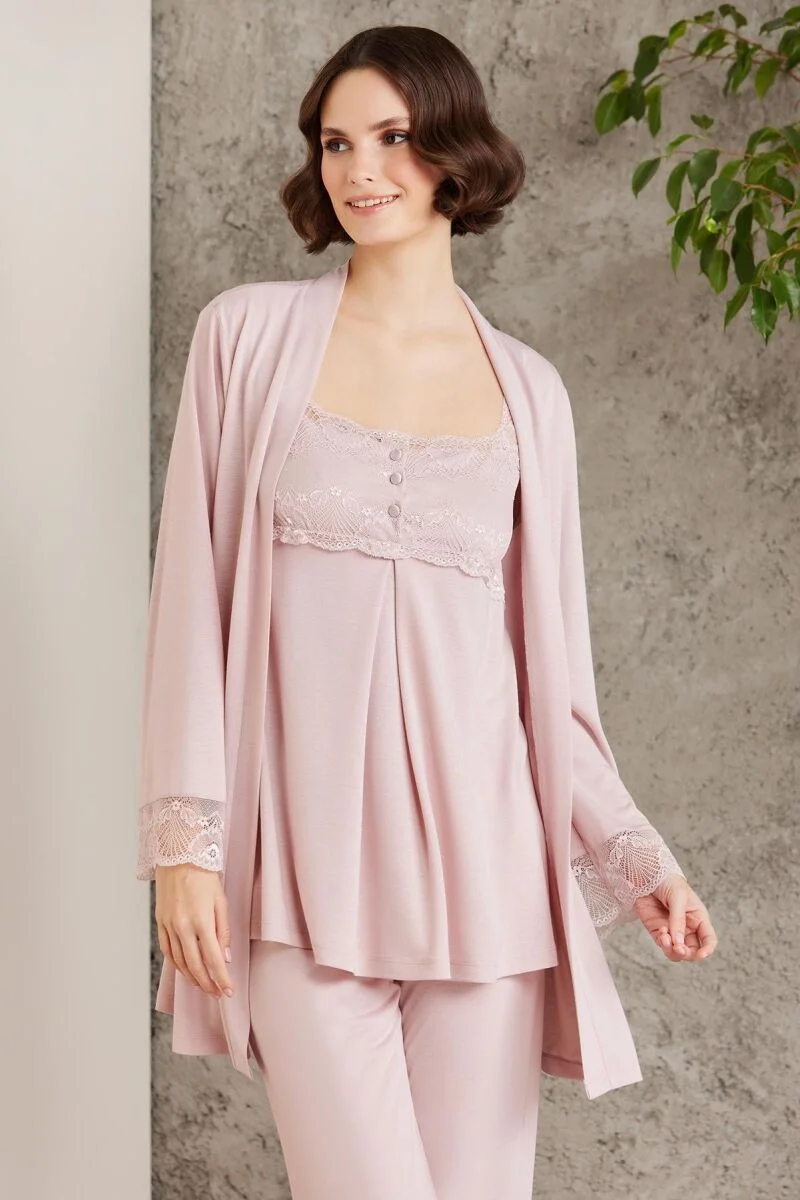 Pierre Cardin Dantelli Penye 3'lü Lohusa Pijama Takımı 2805 Pudra, dantelli detaylı, şık pijama seti, kadın iç giyim