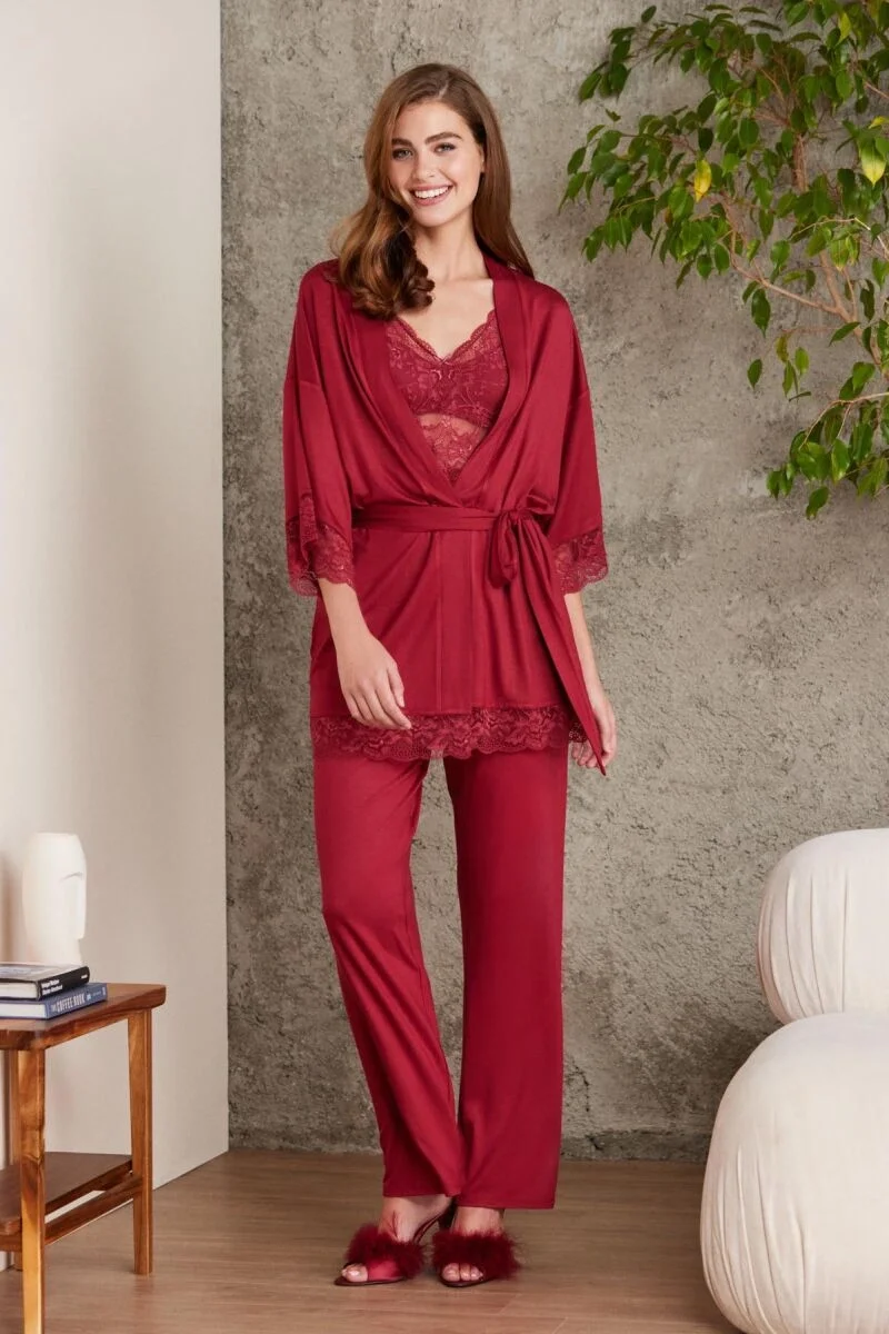 Pierre Cardin Dantelli Penye 3'lü Lohusa Pijama Takımı - 2810 Bordo Pijama Takımları Toptan