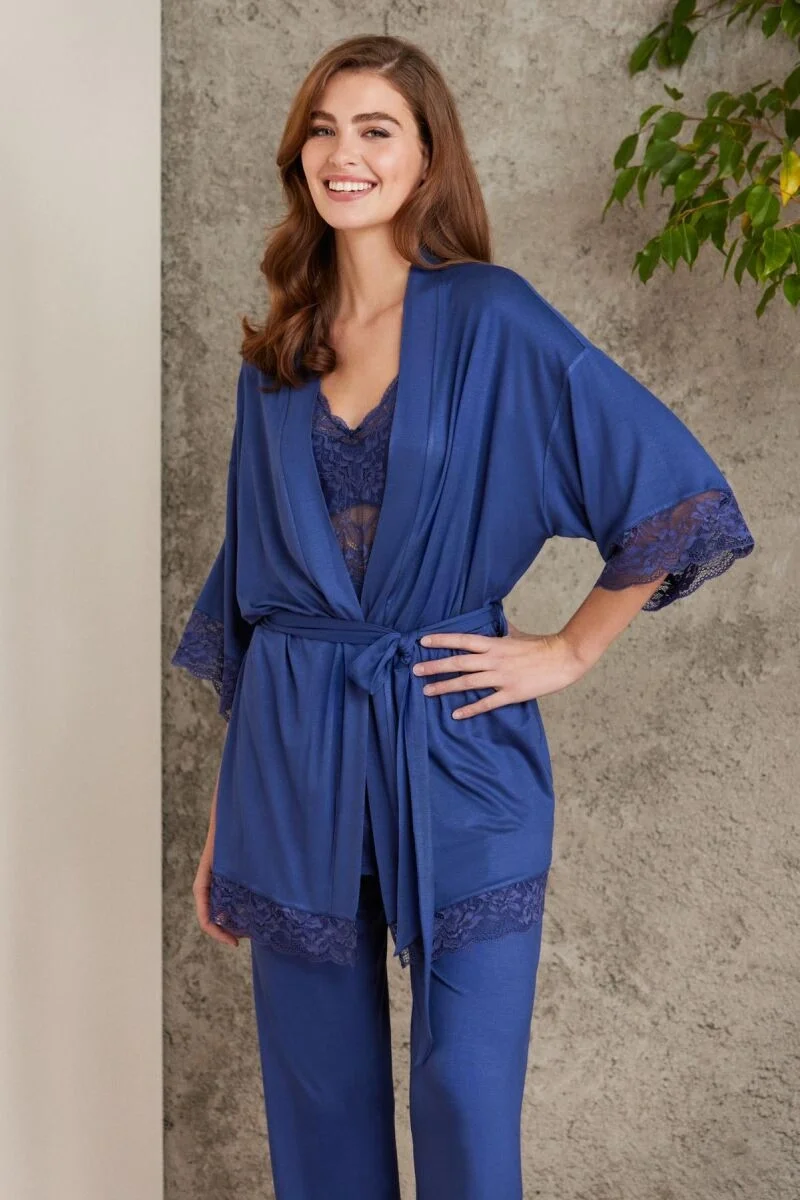 Pierre Cardin Dantelli Penye 3'lü Lohusa Pijama Takımı - 2810 Lacivert Pijama Takımları Toptan