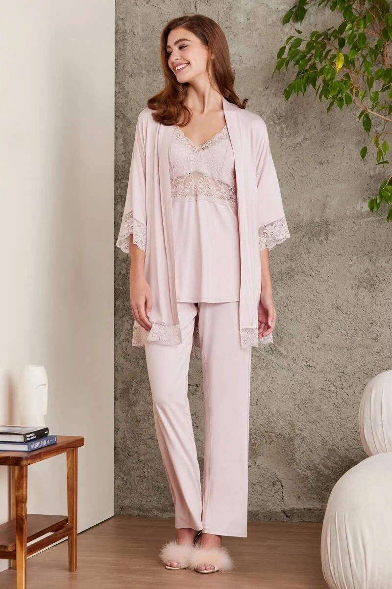 Pierre Cardin Dantelli Penye 3'lü Lohusa Pijama Takımı 2810 Pudra, dantelli sütyen ve kumaş ceketli pijama, kadın iç giyim