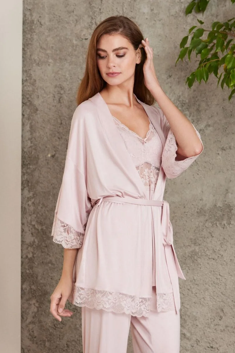 Pierre Cardin Dantelli Penye 3'lü Lohusa Pijama Takımı - 2810 Pudra Pijama Takımları Toptan