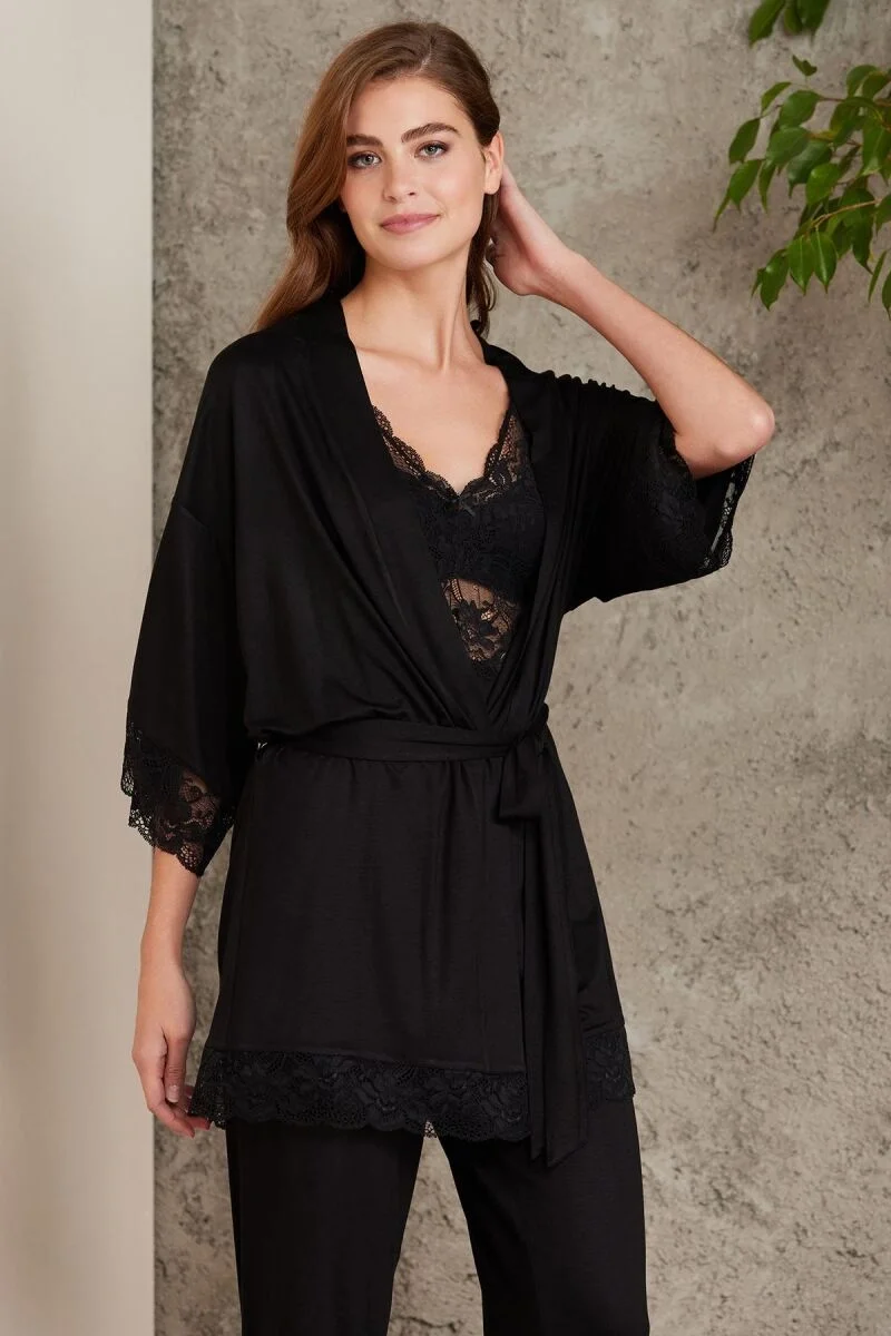 Pierre Cardin Dantelli Penye 3'lü Lohusa Pijama Takımı - 2810 Siyah Pijama Takımları Toptan