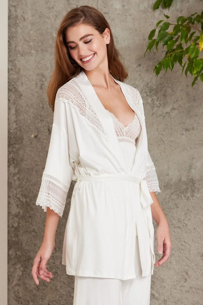 Pierre Cardin Dantelli Penye 3'lü Lohusa Pijama Takımı - 2820 Ekru Pijama Takımları Toptan