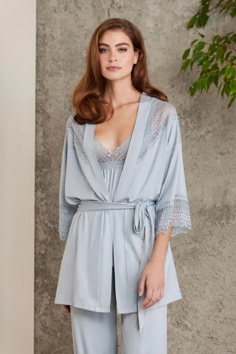 Mist rengi dantelli lohusa pijama takımı, Pierre Cardin markası, 3'lü set, kadın pijama, dantelli detaylı, rahat günlük giyim