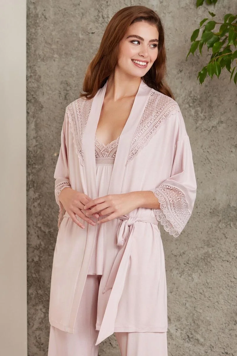 Pierre Cardin Dantelli Penye 3'lü Lohusa Pijama Takımı - 2820 Pudra Pijama Takımları Toptan