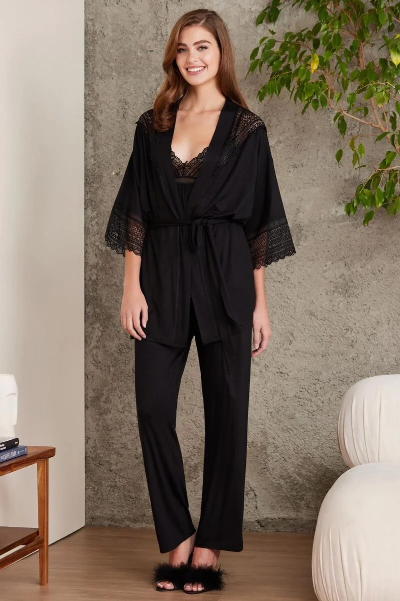 Pierre Cardin Dantelli Penye 3'lü Lohusa Pijama Takımı 2820 Siyah, dantelli detaylı kadın pijama, rahat ve lüks gece giyimi
