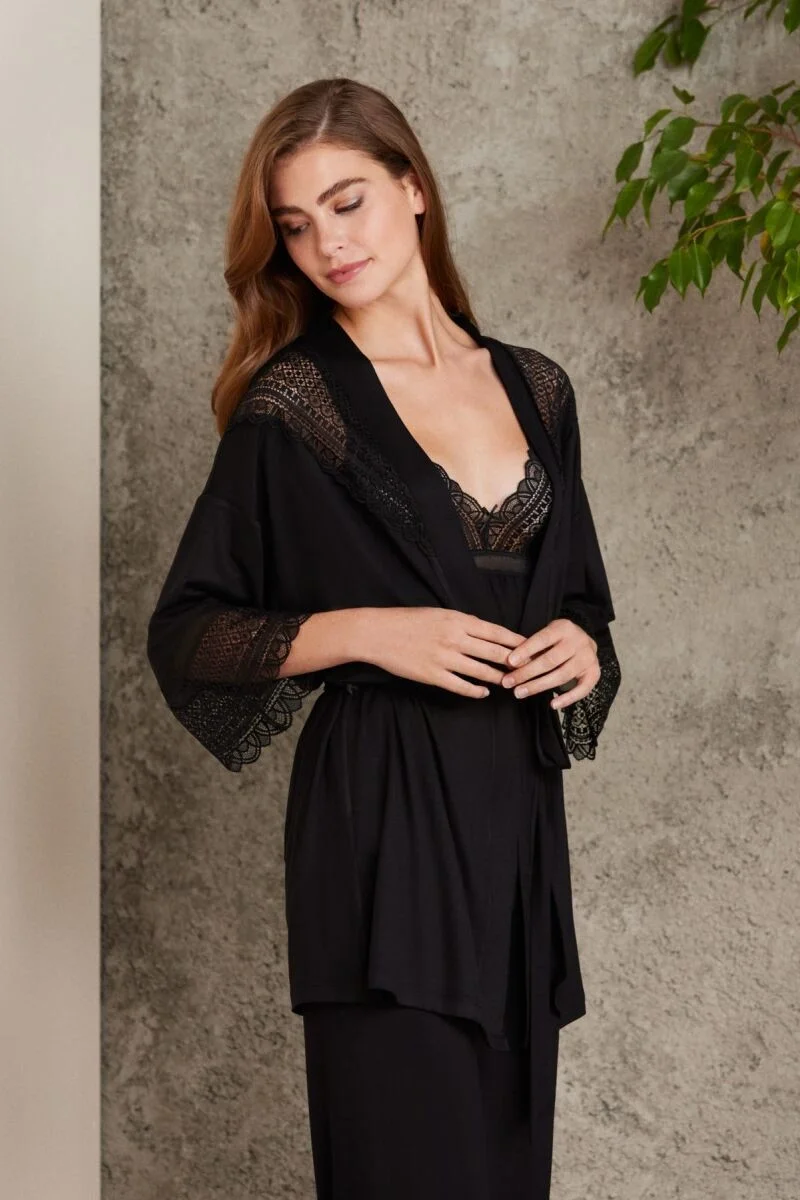 Pierre Cardin Dantelli Penye 3'lü Lohusa Pijama Takımı - 2820 Siyah Pijama Takımları Toptan