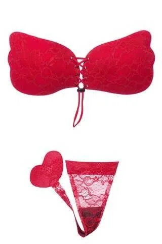 Yeni İnci marka dantelli yapışkanlı sütyen, görünmez string ile seksi görünüm, ön ve iç detaylar gösteren görsel