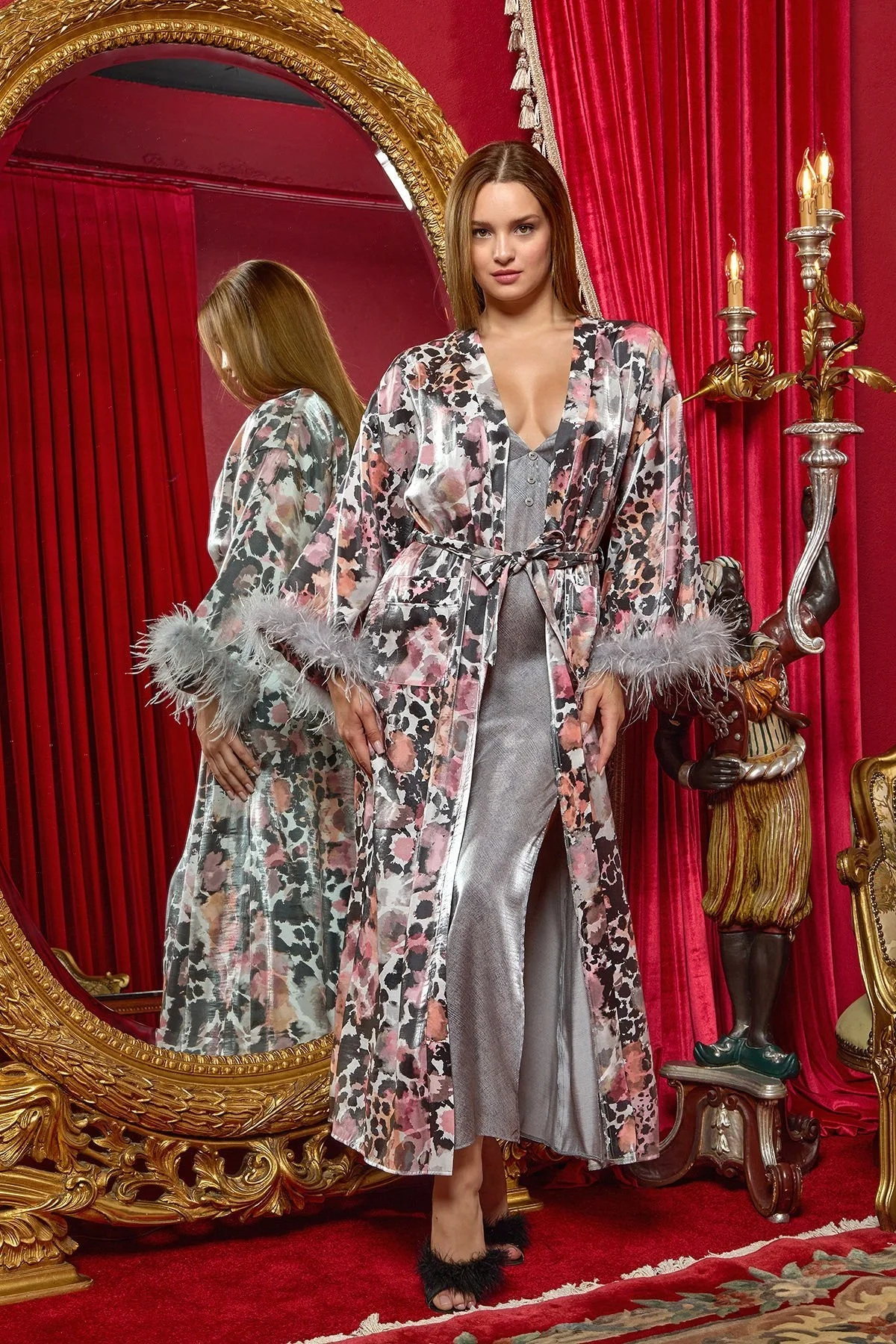 Cossy By Aqua Desenli Kolları Otrişli Uzun Sabahlık CossybyAqua 25157 Gecelik & Sabahlık Toptan