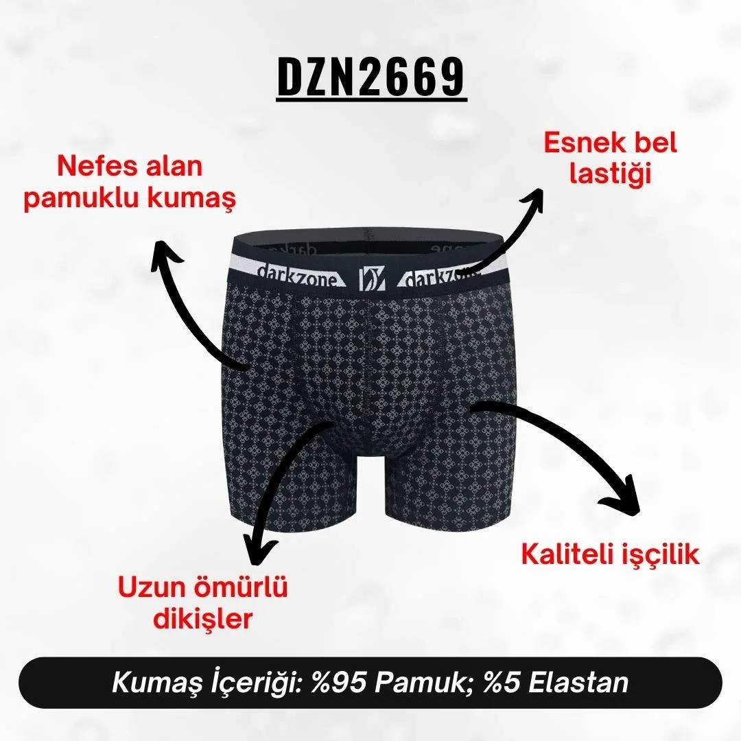 Desenli lacivert erkek boxer, Darkzone markası, koyu mavi zemin üzerine beyaz geometrik desen, ön görünüm, model DZN2669