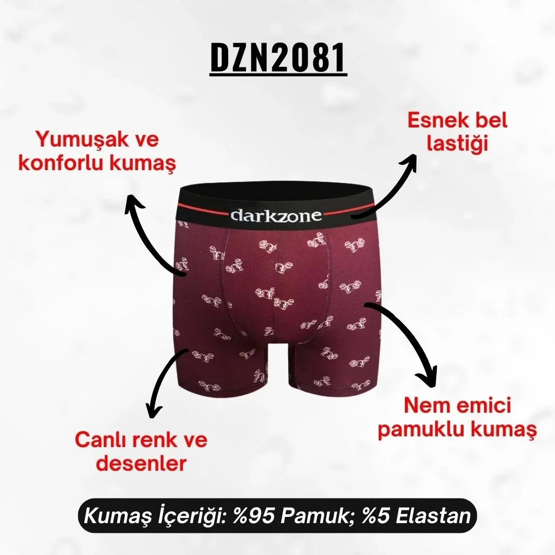 Desenli pamuklu erkek boxer, Darkzone marka, kırmızı zeminde beyaz kareli desen, ön ve yan görünüm, erkek iç giyim toptan