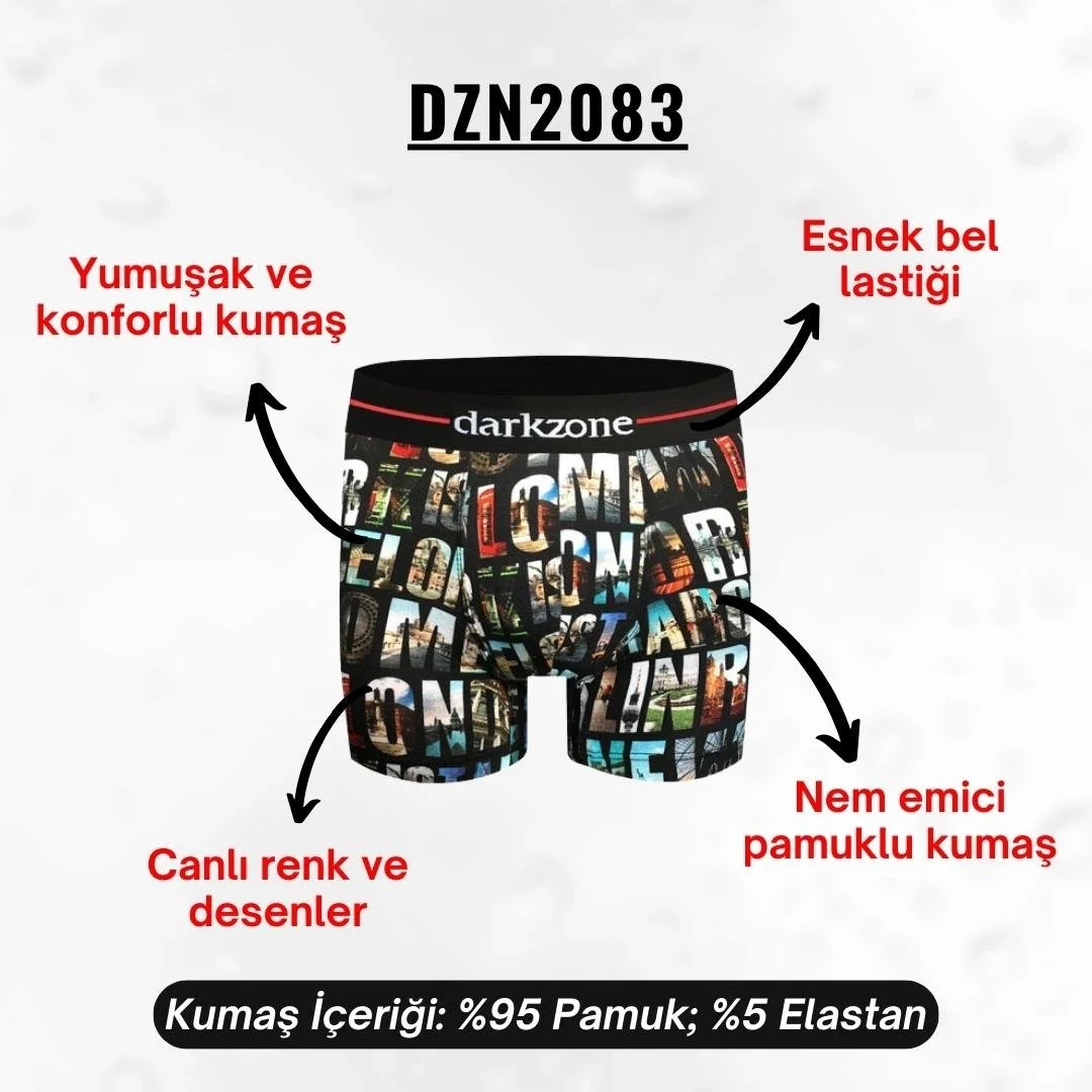 Desenli pamuklu erkek boxer, Darkzone markası, Londra şehir manzaraları motifli, siyah taban, ön görünüm, toptan satış