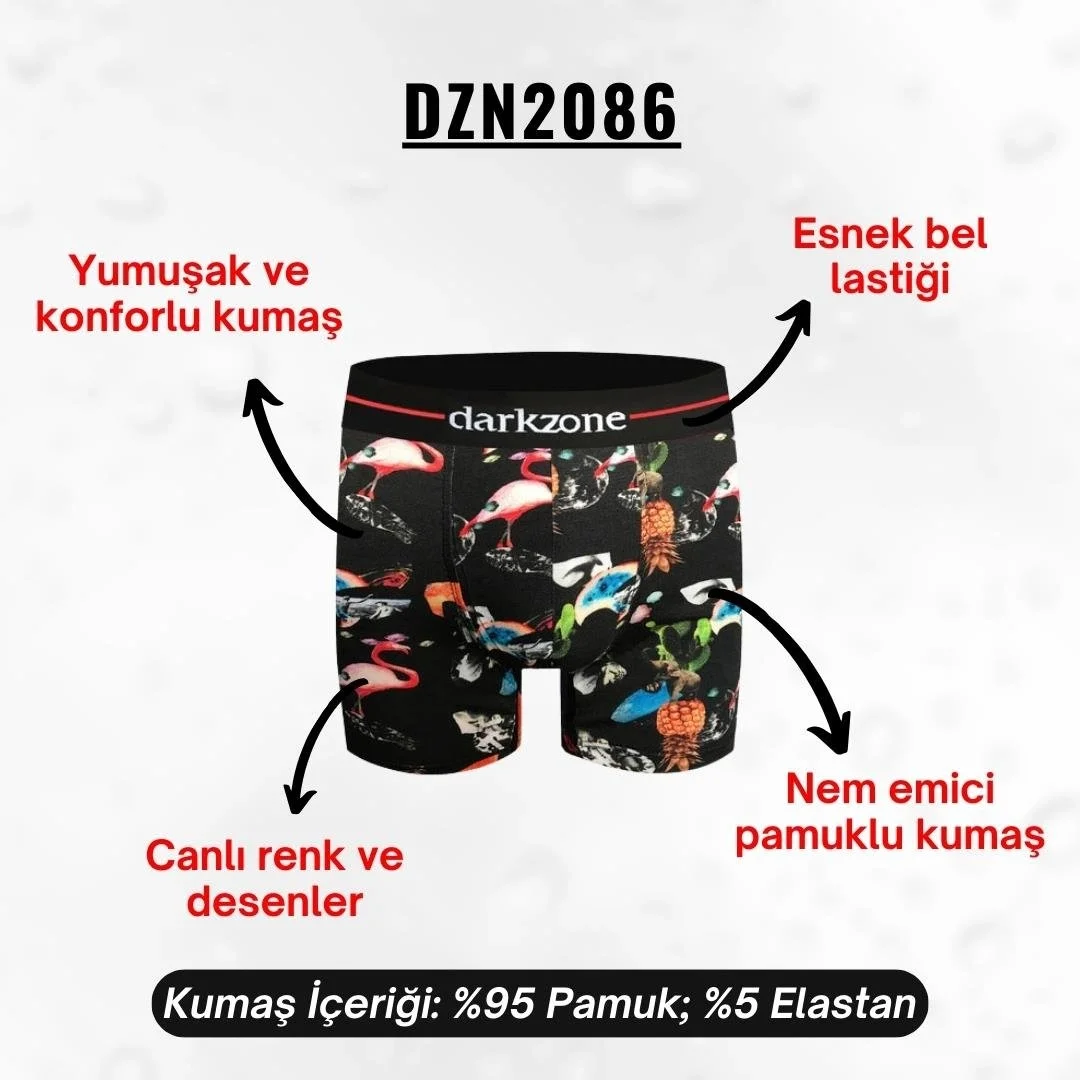 Koyu siyah zemin üzerine flamingo, ananas ve tropikal desenlerle süslenmiş Darkzone erkek boxer, pamuklu ve modern tasarım