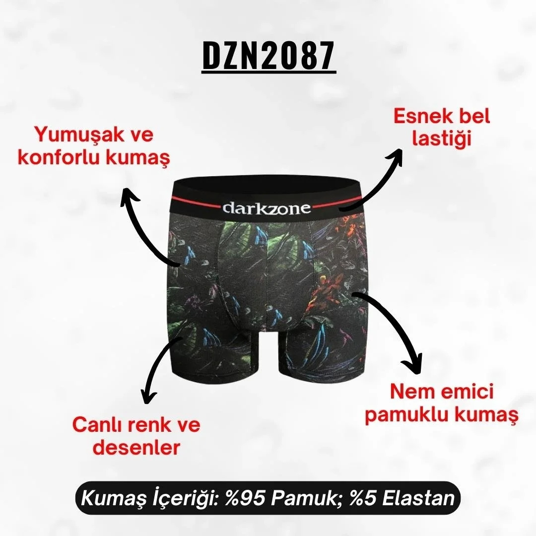 Desenli pamuklu erkek boxer, Darkzone marka, koyu zemin üzerine canlı bitki ve deniz canlıları deseni, ön ve yan açılar