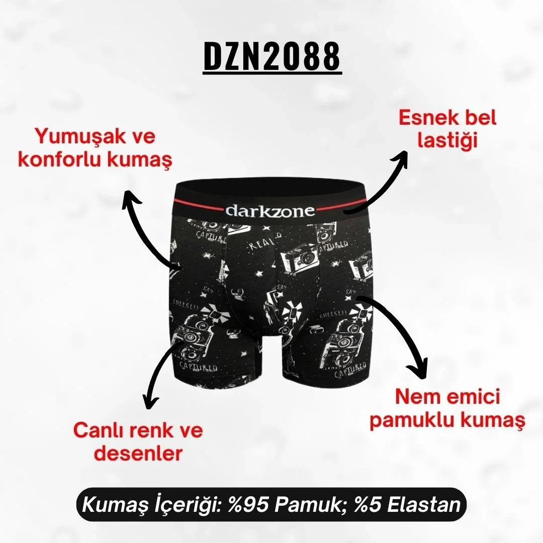 Kırmızı detaylı siyah kamera desenli Darkzone erkek boxer, dantelli ve görsel detaylı ürün görseli