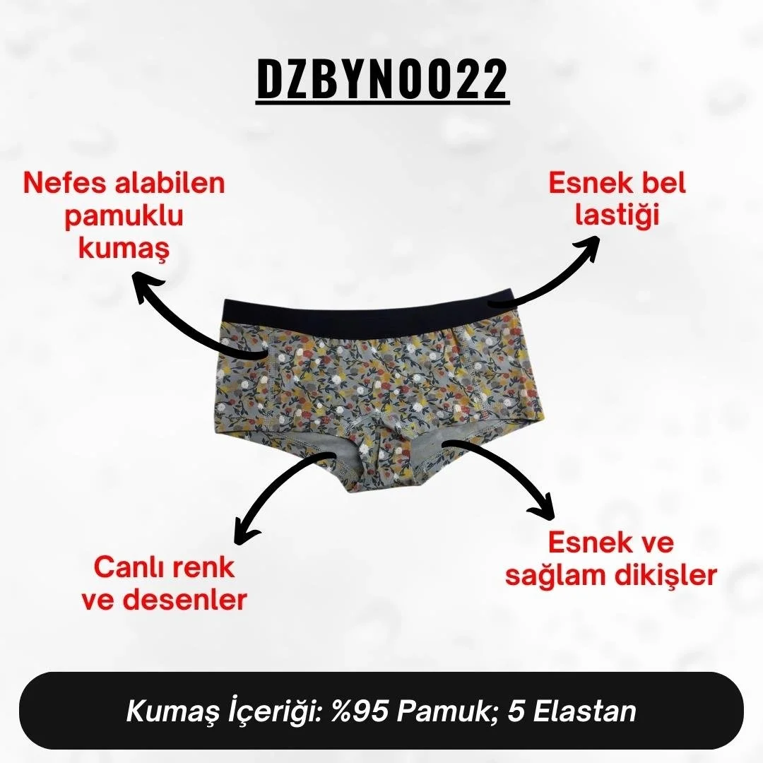 Dijital baskı çiçek desenli kadın boxer, Darkzone markası, gri zemin, siyah elastik, toptan satış