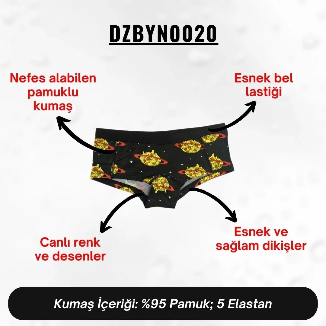 Kırmızı ve sarı pizza desenli siyah kadın boxer, Darkzone marka dijital baskı iç giyim, görsel arama için ideal ürün