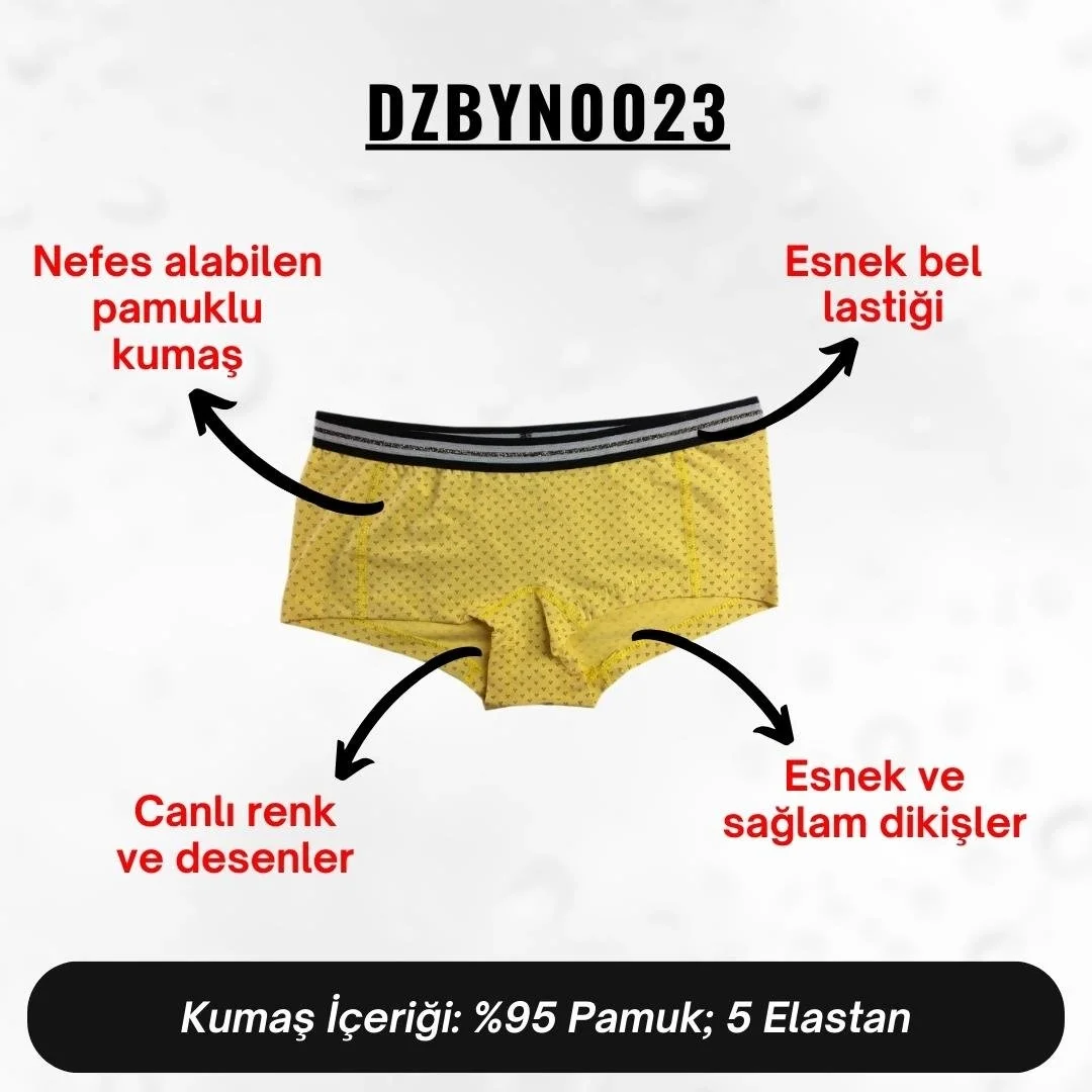 Sarı dijital baskılı kadın boxer, Darkzone markası, küçük üçgen desenli, siyah gri elastik bandlı, ön görünümü