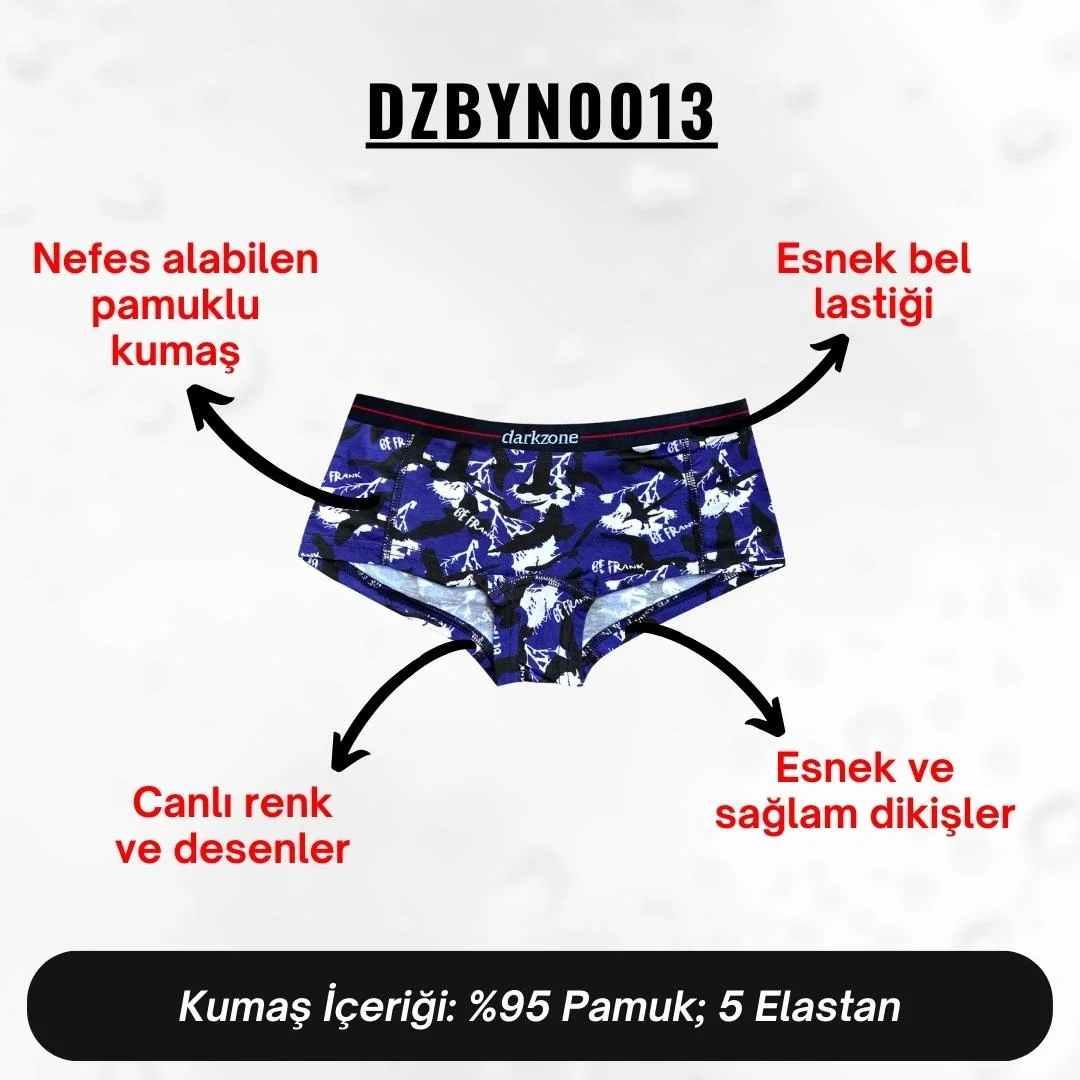 Mavi dijital baskı kuş desenli Darkzone kadın boxer, be Frank yazısı, ön ve yan görünümü
