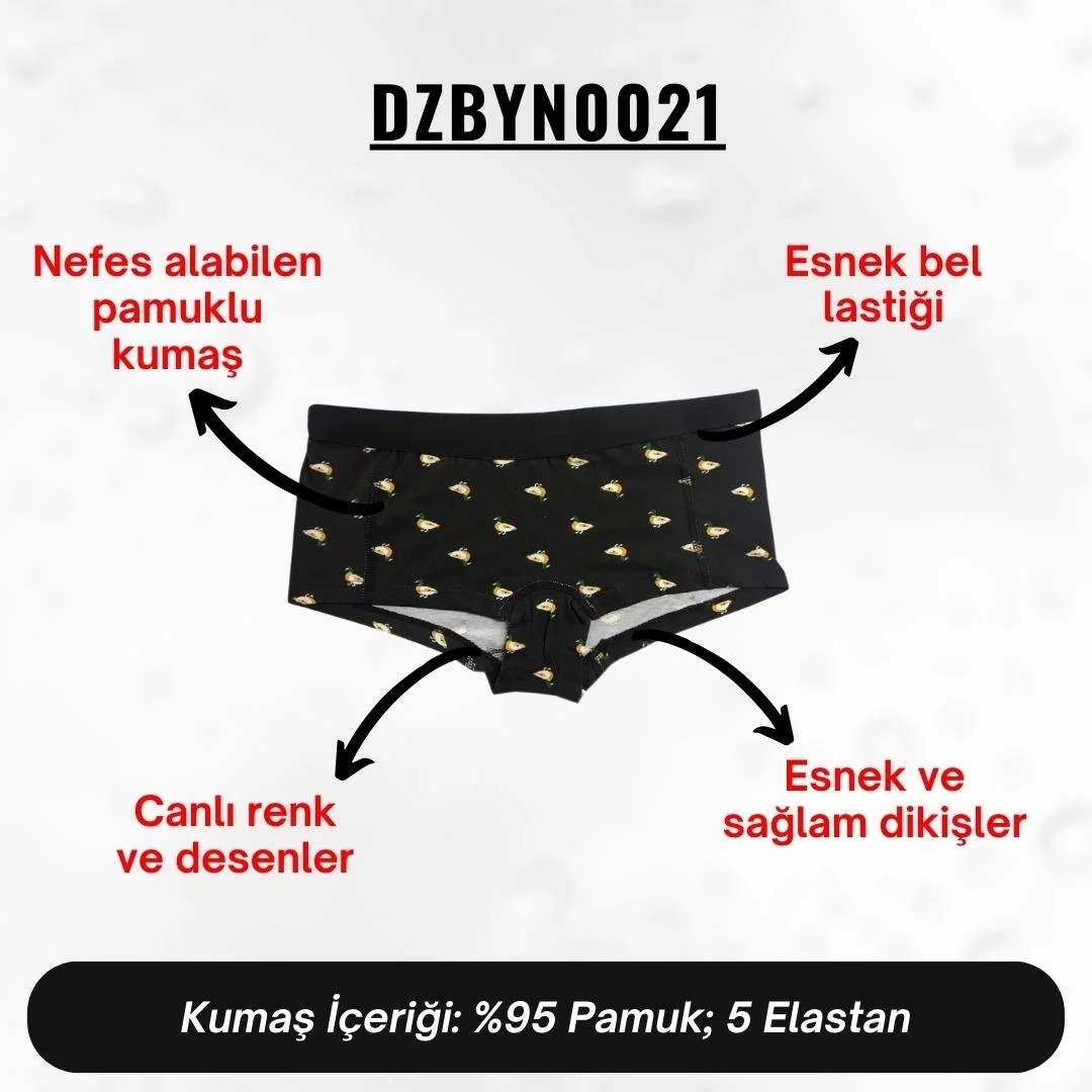 Kadın boxer iç çamaşırı, siyah zemin üzerine dijital baskılı ördek deseni, Darkzone markası, ön ve yan görünümü