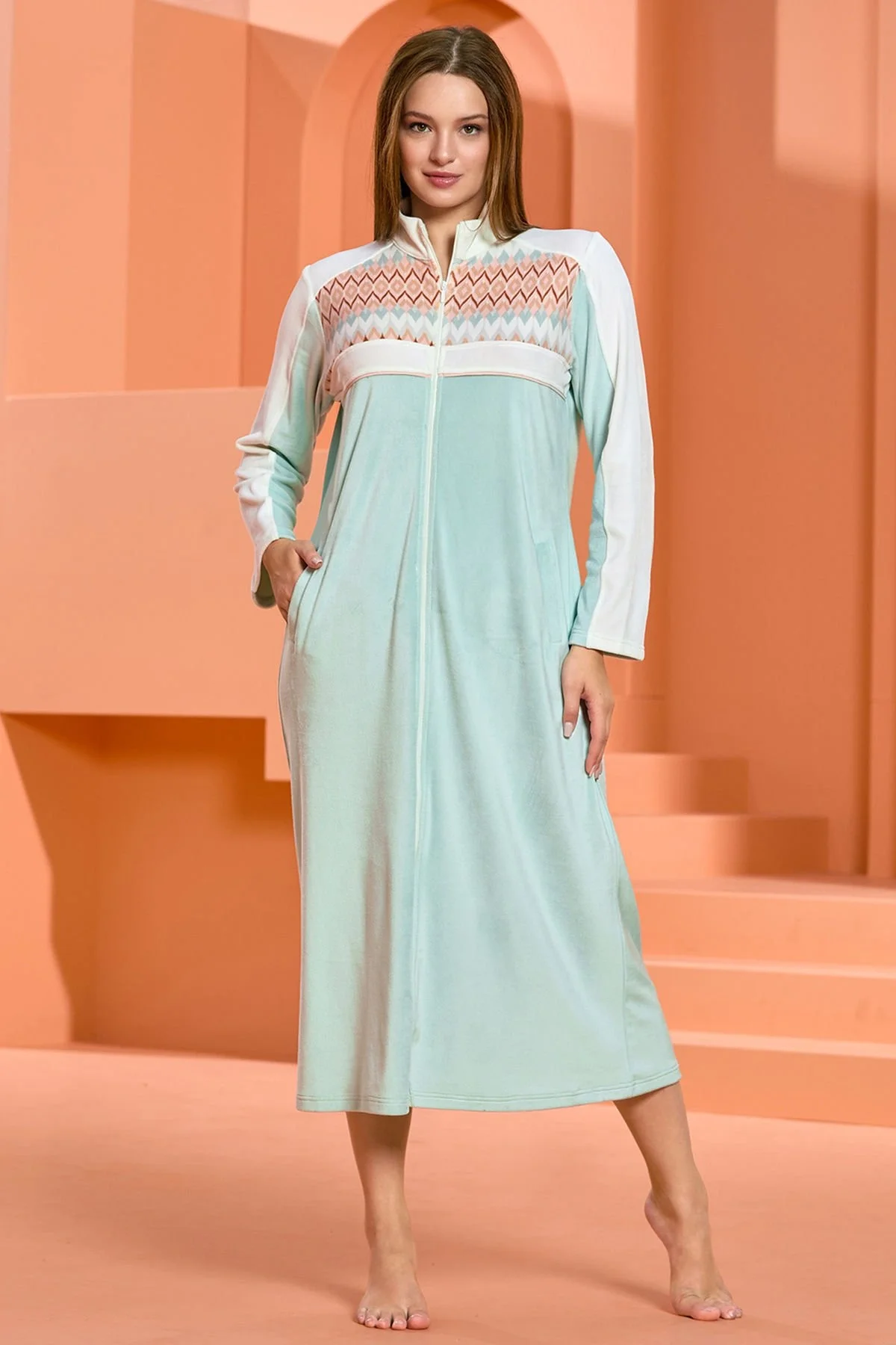 Cossy By Aqua Dik Yaka Desenli Uzun Elbise CossybyAqua 25016 Gecelik & Sabahlık Toptan