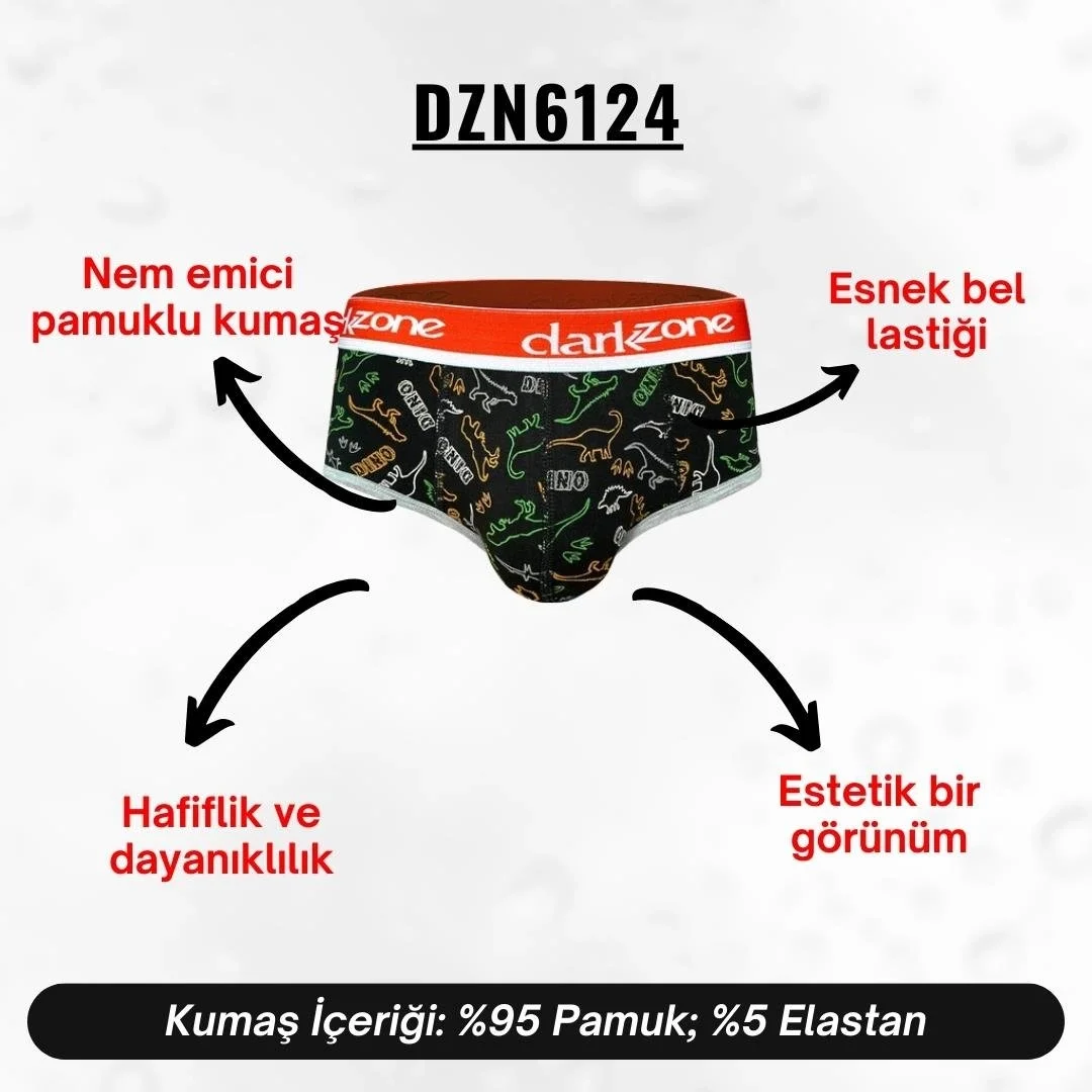 Dinazor desenli siyah hipster erkek slip, Darkzone marka, koyu zemin üzerine renkli dinazor siluetleri, kırmızı ve gri detaylar
