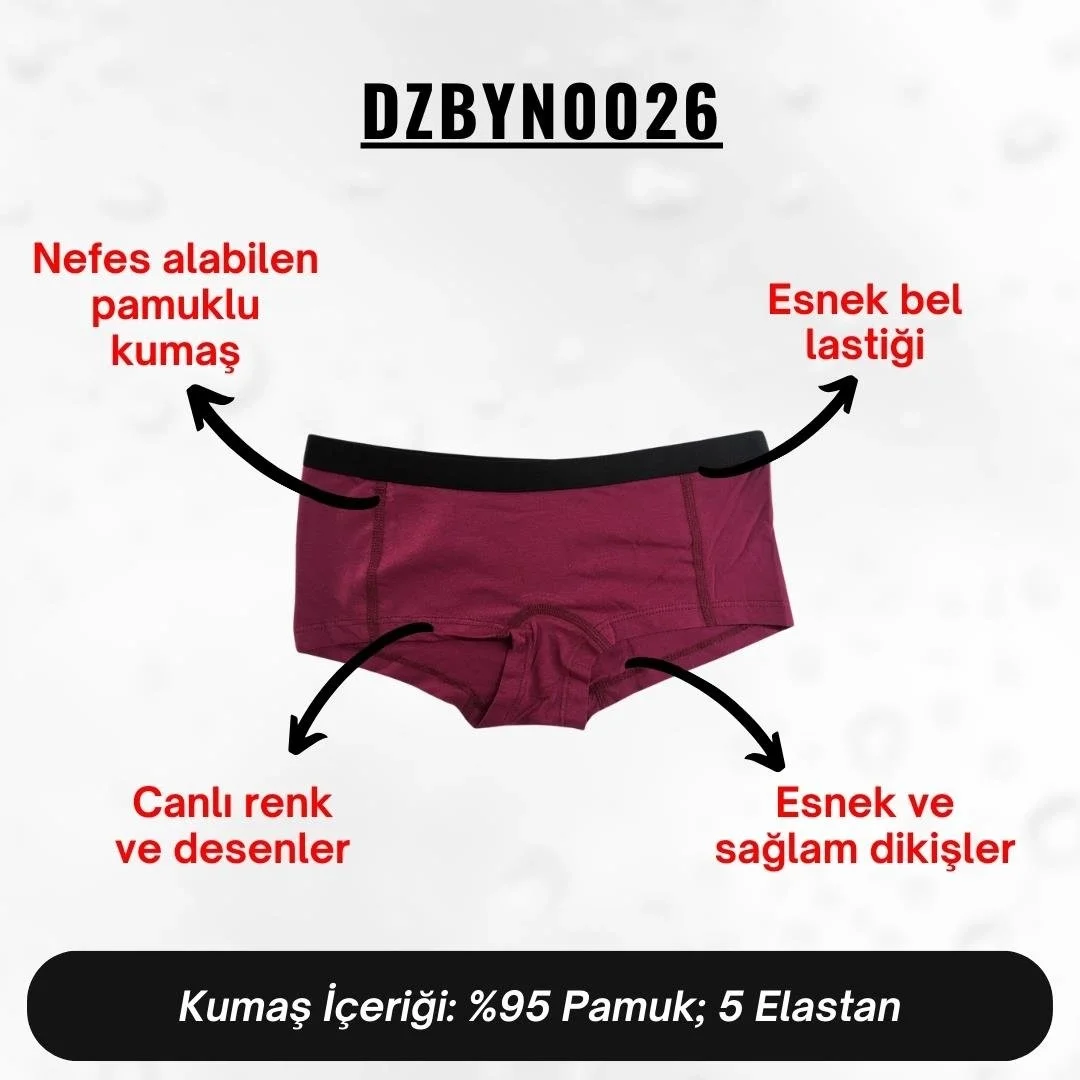 Kadın boxer iç çamaşırı, koyu mor renk, siyah elastik bel, Darkzone marka, DZBYN0026 modeli, düz arka plan, ön görünüm