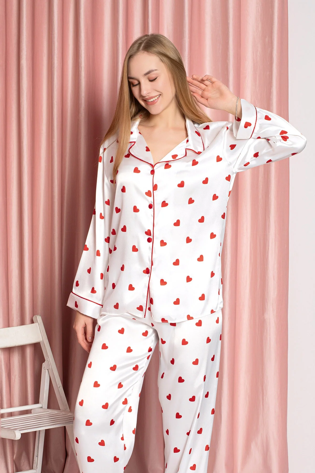 Ekru Kalpli Saten Pijama Takımı