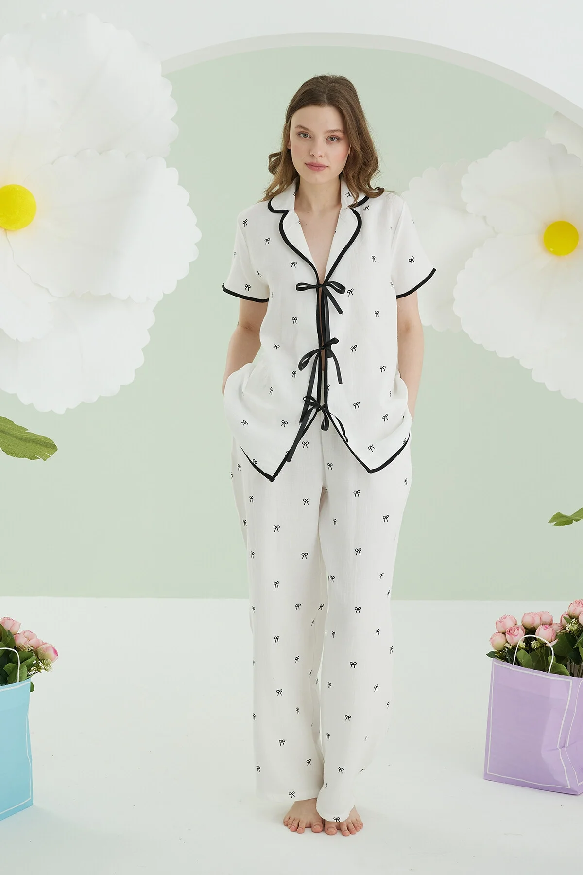 Nbb Ekru Kurdele Önden Bağlamalı Pijama Takımı Pijama Takımları Toptan