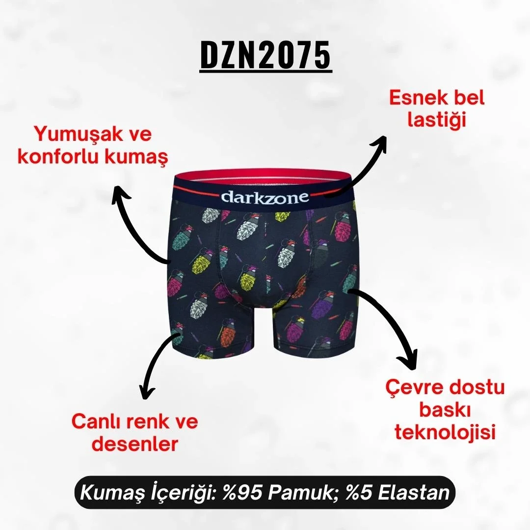 Darkzone marka erkek boxer, el bombası desenli dijital baskı, siyah zemin, renkli bomba motifleri, ön görünüm