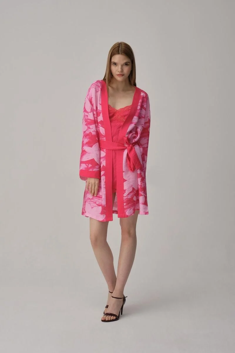 EMILY -Vegan İpek Saten Kadın Gecelik Sabahlık Takımı - Scarlet