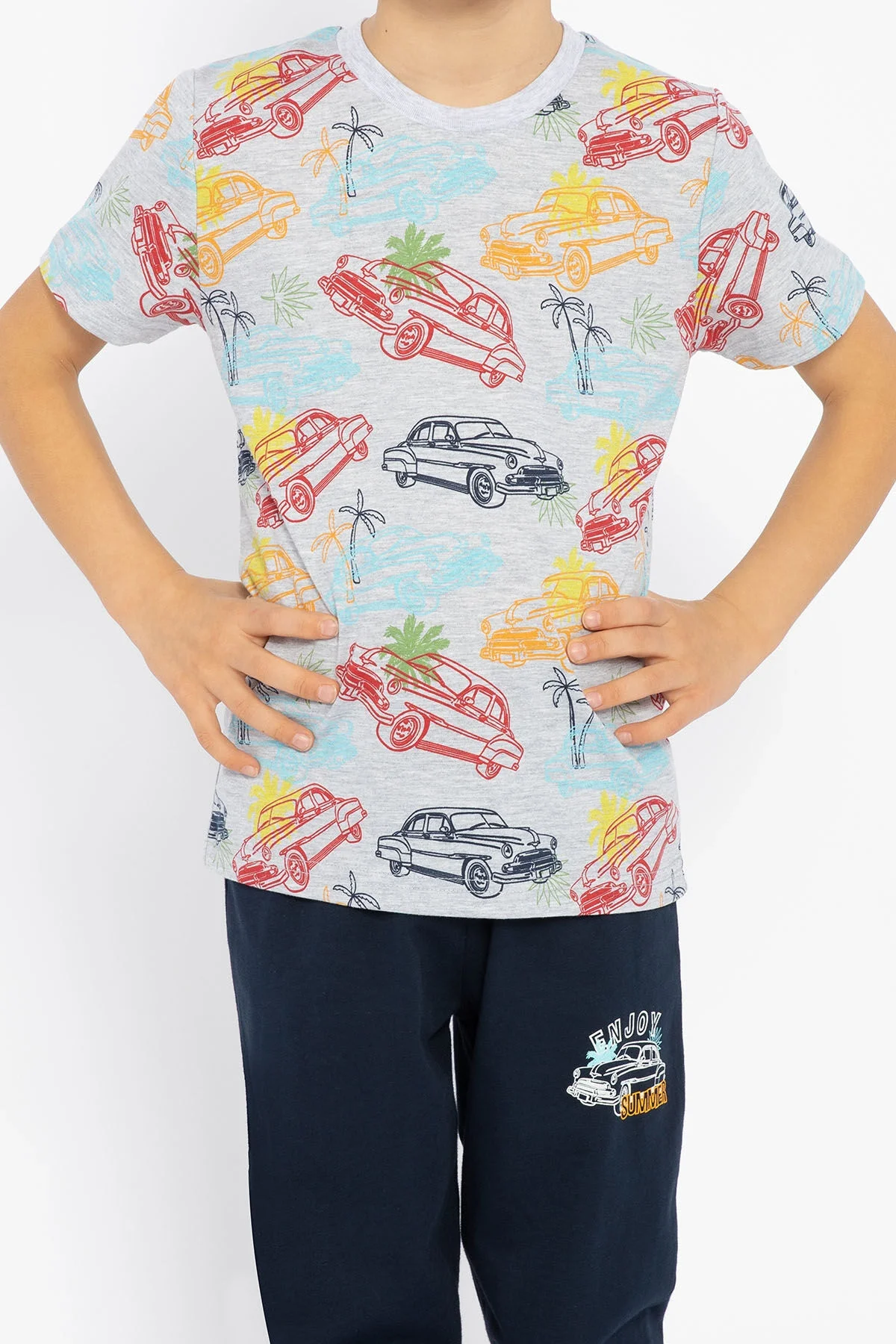 Erkek çocuk ikili pijama takım, Arnetta markası, gri melanj kıyafet, klasik otomobil desenli üst, koyu mavi pantolon, çocuk giyim