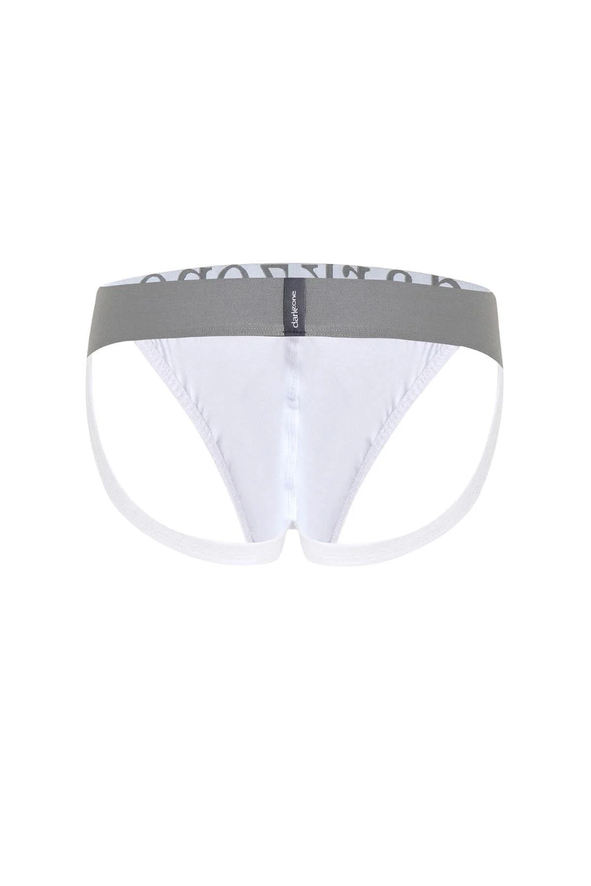 Açık beyaz erkek jockstrap, Darkzone markası, fantezi arka tasarım, gri yazılı bel bandı, erkek iç giyim slipi