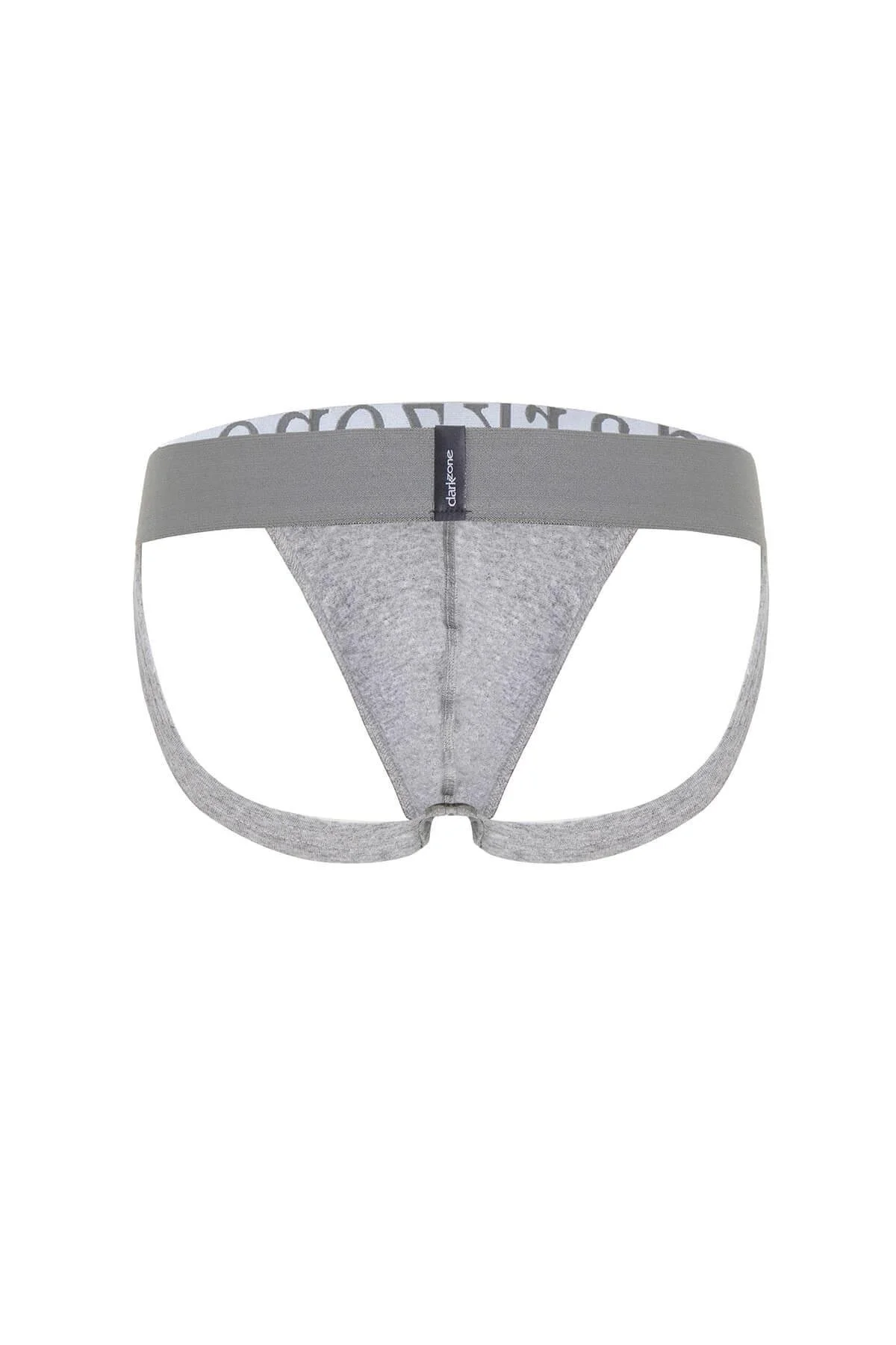 Açık gri fantezi arkası erkek jockstrap, Darkzone marka, ön ve arkadan görünüm, erkek iç giyim, dantel detaylı