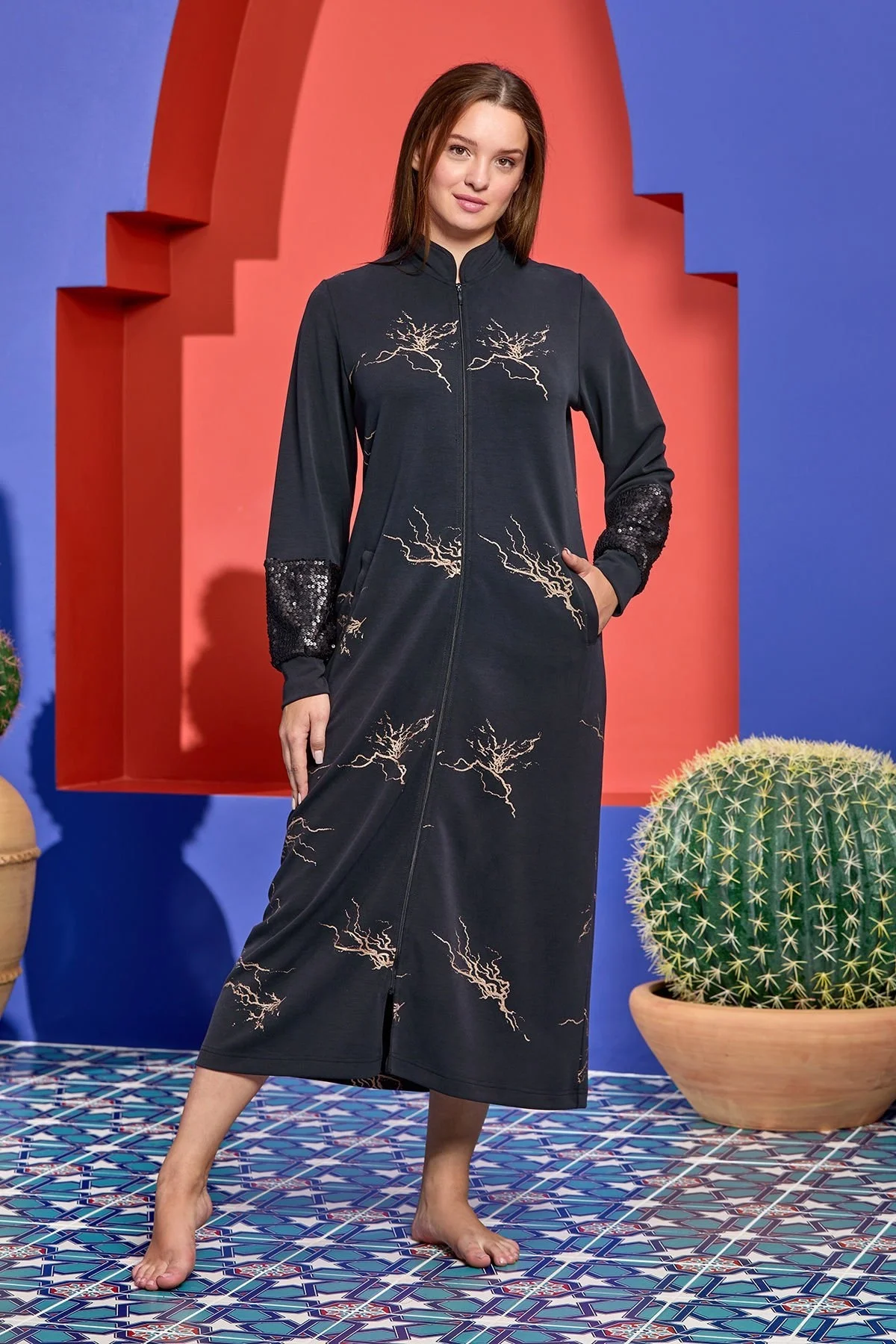 Cossy By Aqua Fermuarlı Uzun Elbise CossybyAqua 25389 Gecelik & Sabahlık Toptan